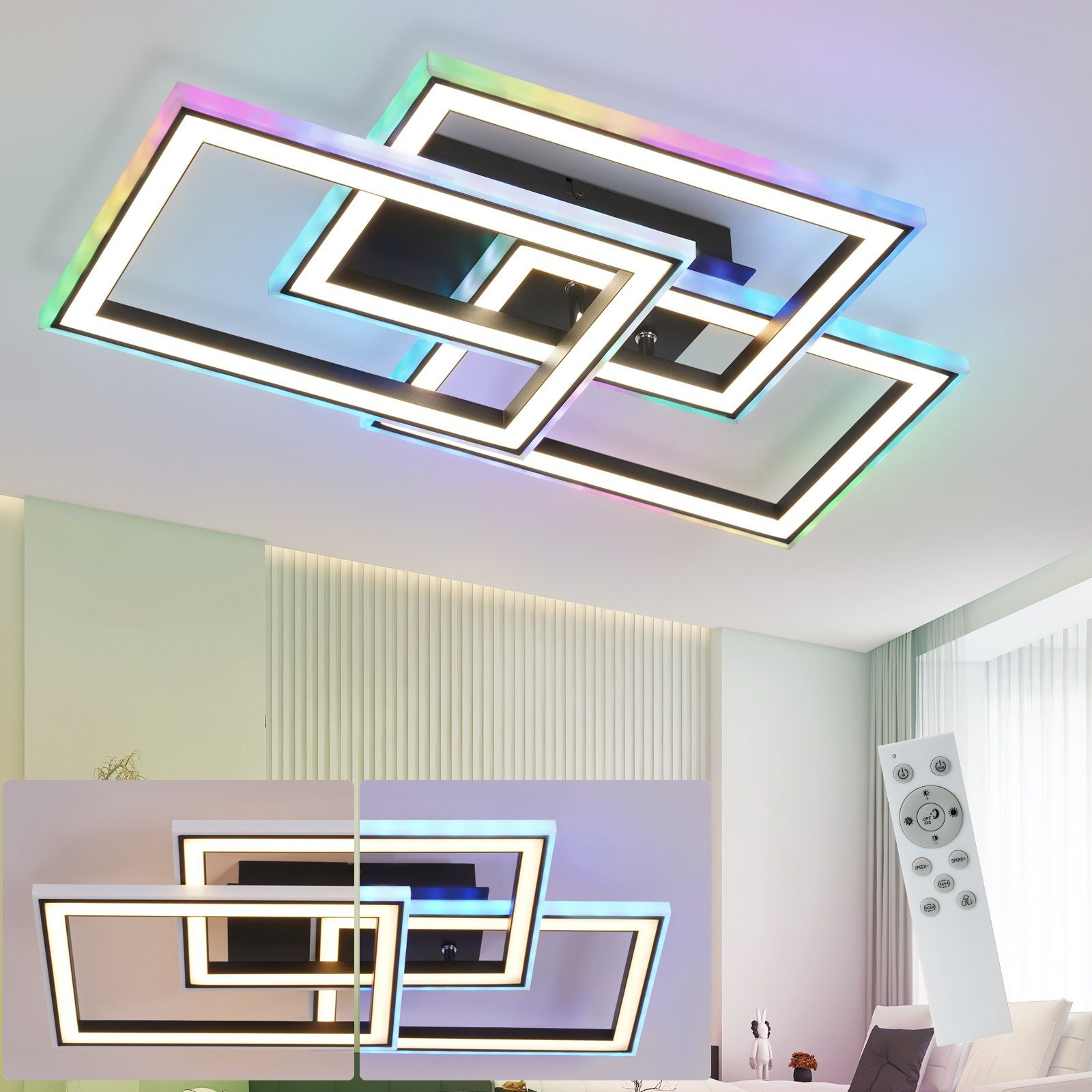 Nowoczesna lampa sufitowa o geometrycznym kształcie z wbudowanym oświetleniem.