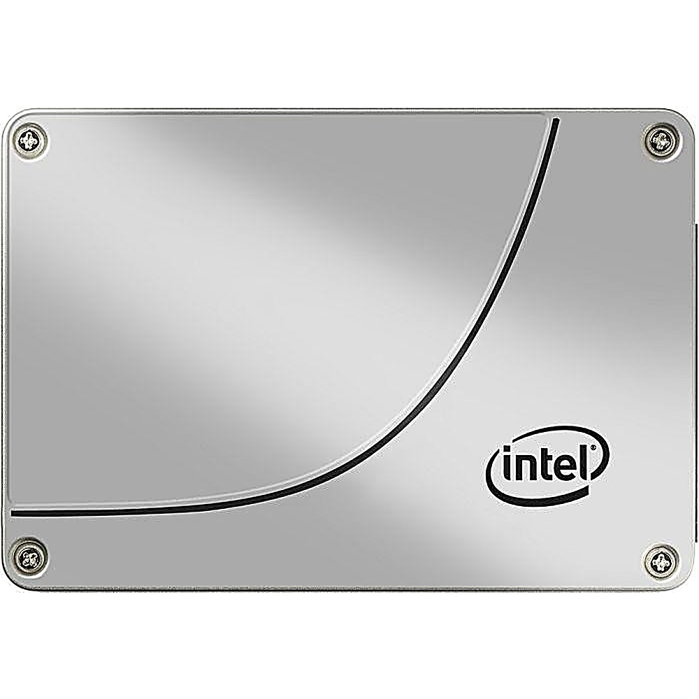 Un'unità SSD argentata con il logo Intel e una linea nera curva sulla sua superficie.