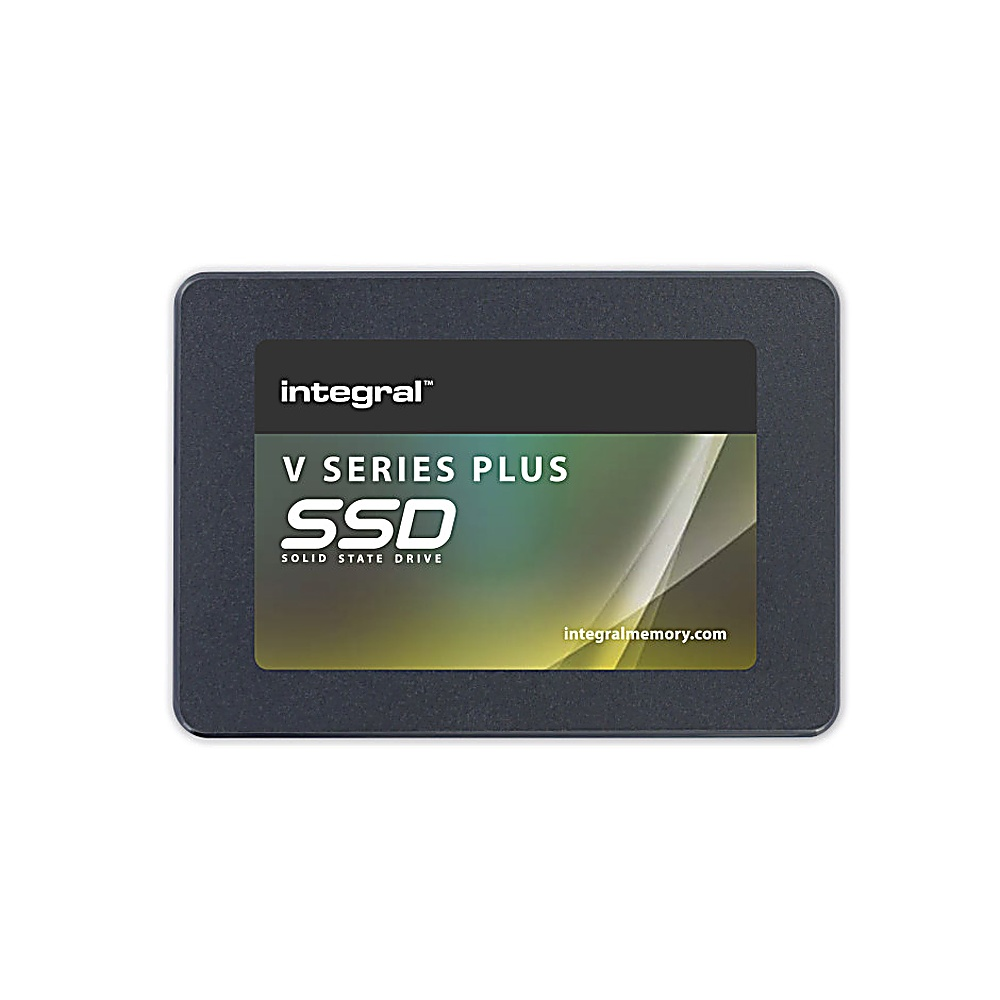 Un'unità a stato solido (SSD) nera con le etichette 'integral' e 'V SERIES PLUS SSD'.