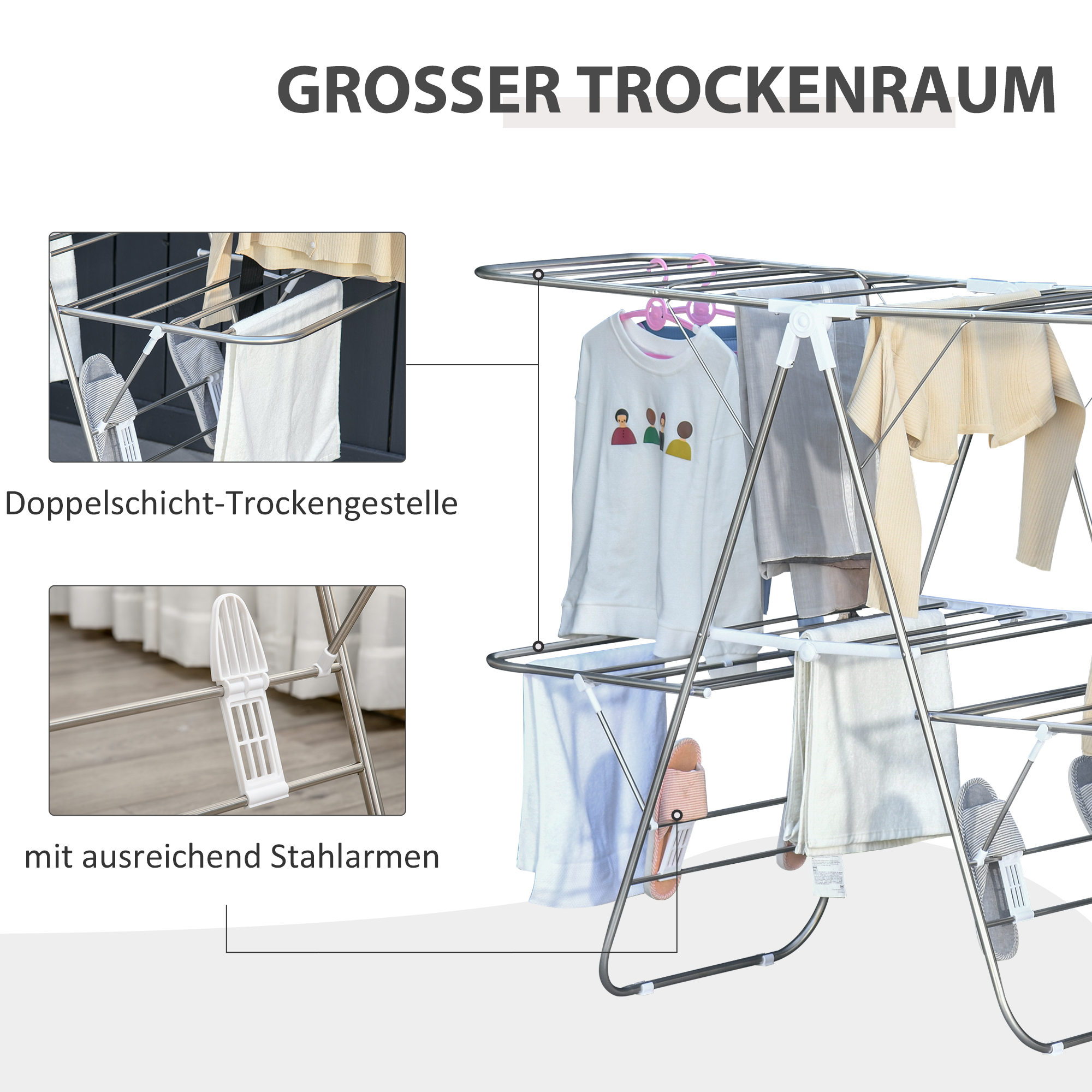 Wäscheständer mit Kleidung. Text: „GROSSER TROCKENRAUM“ und „Doppelschicht“.