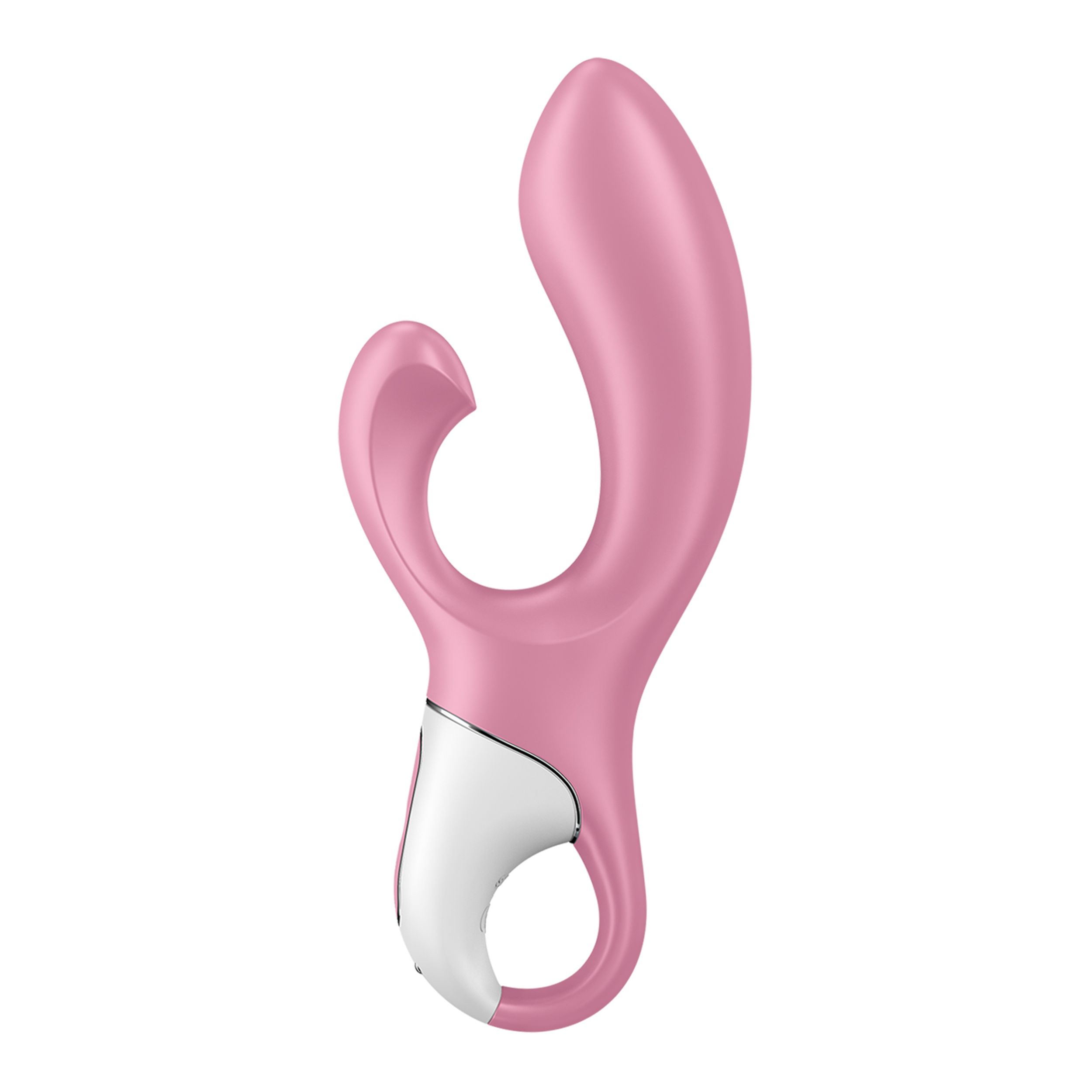 Vibrador rosa con diseño curvo y punta blanca. Aislado sobre fondo blanco.