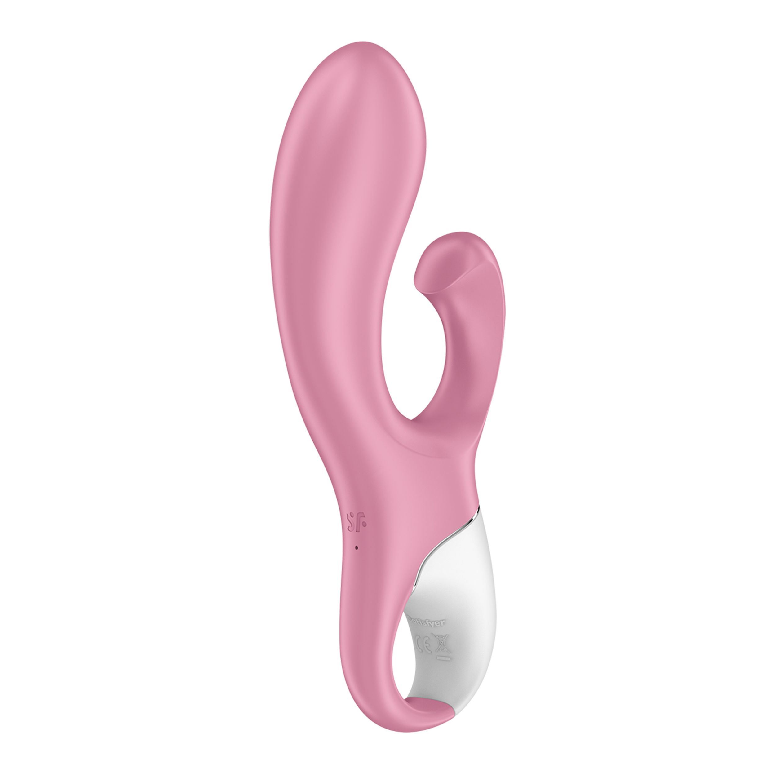 Vibrador rosa con diseño curvo y punta blanca. Aislado sobre fondo blanco.