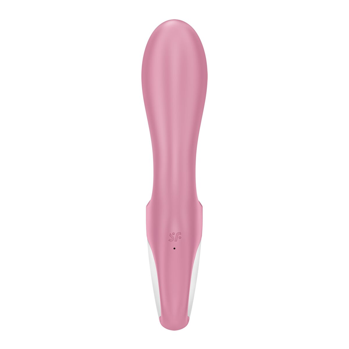 Un juguete sexual rosa y blanco con una cabeza redondeada y un mango curvado. Fondo blanco.