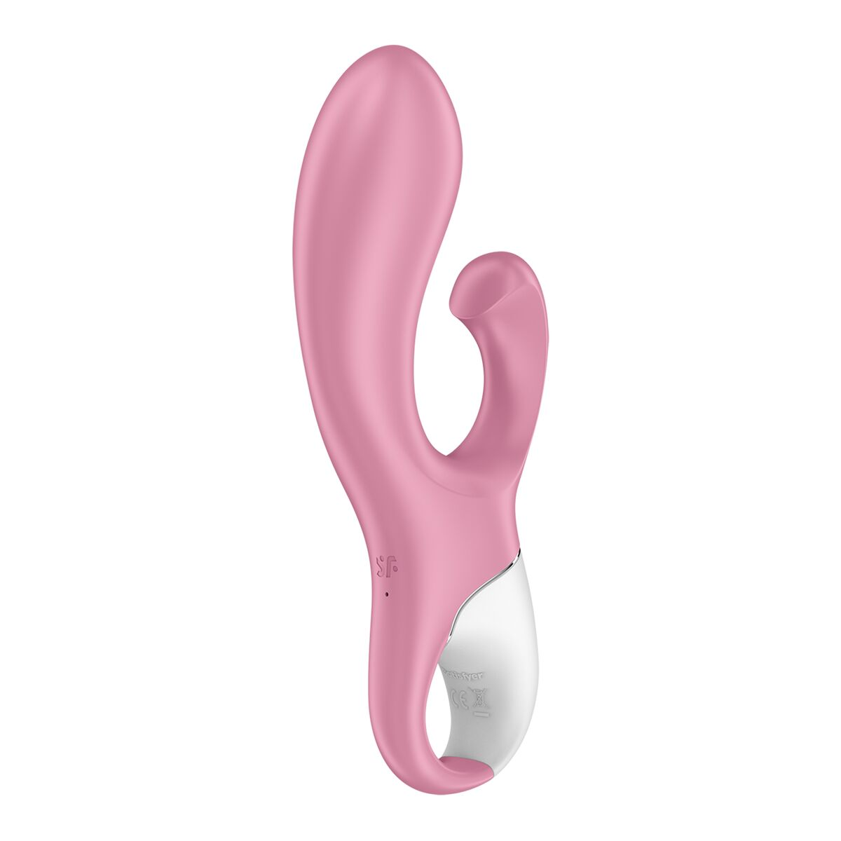 Vibrador rosa con diseño curvo y punta blanca. Aislado sobre fondo blanco.