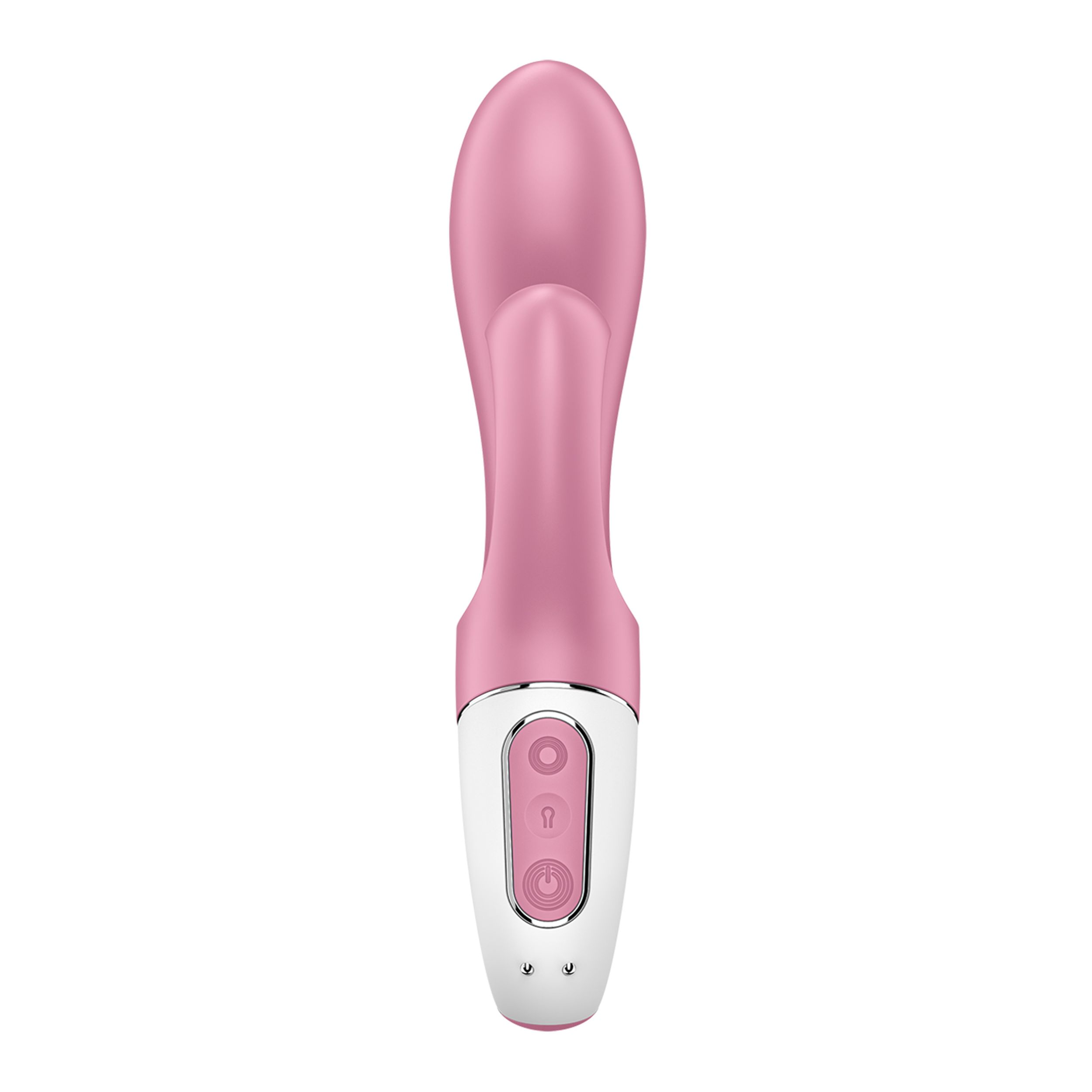 Un vibrador rosa y blanco con botones, sobre un fondo blanco.