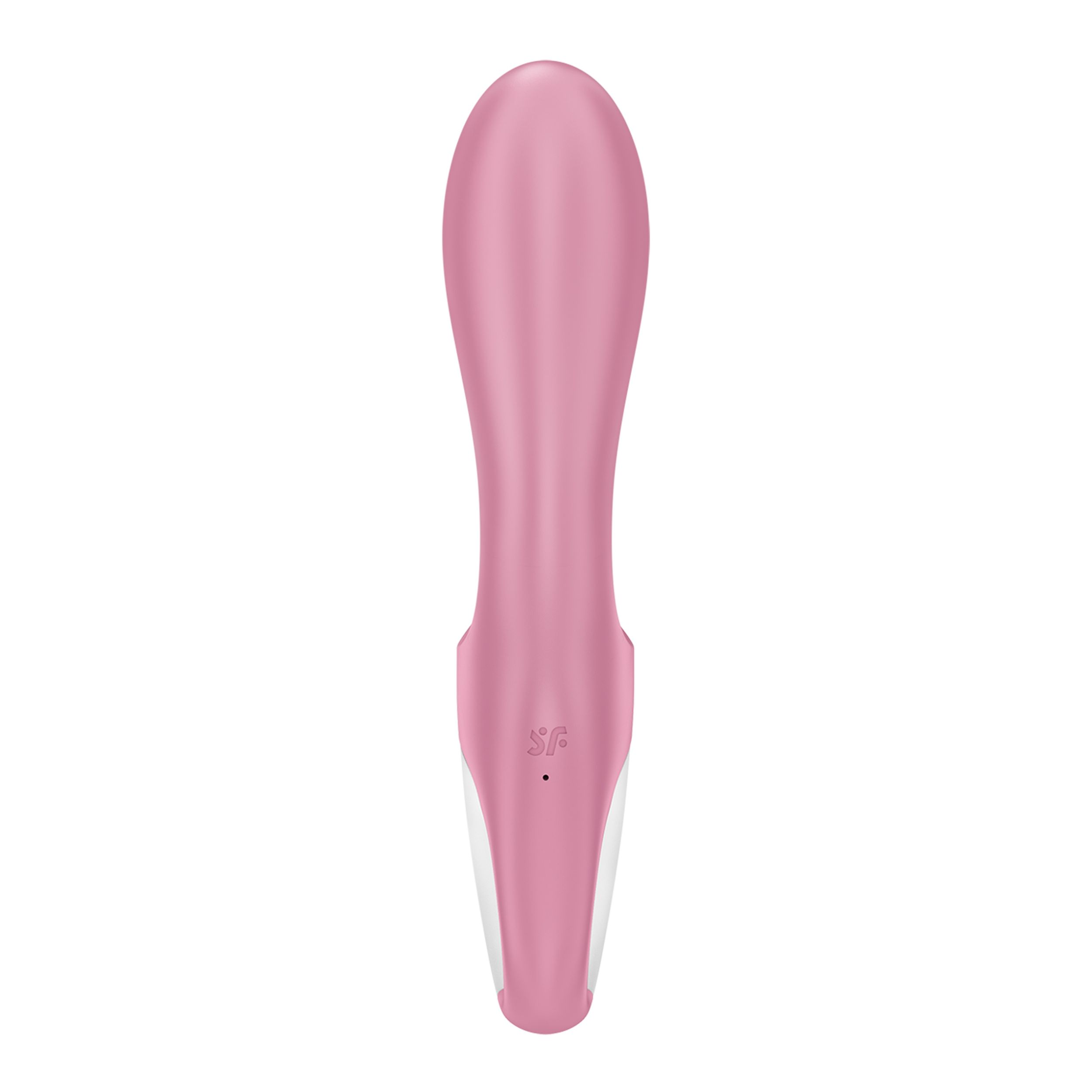 Vibrador rosa con diseño curvo y punta blanca. Aislado sobre fondo blanco.