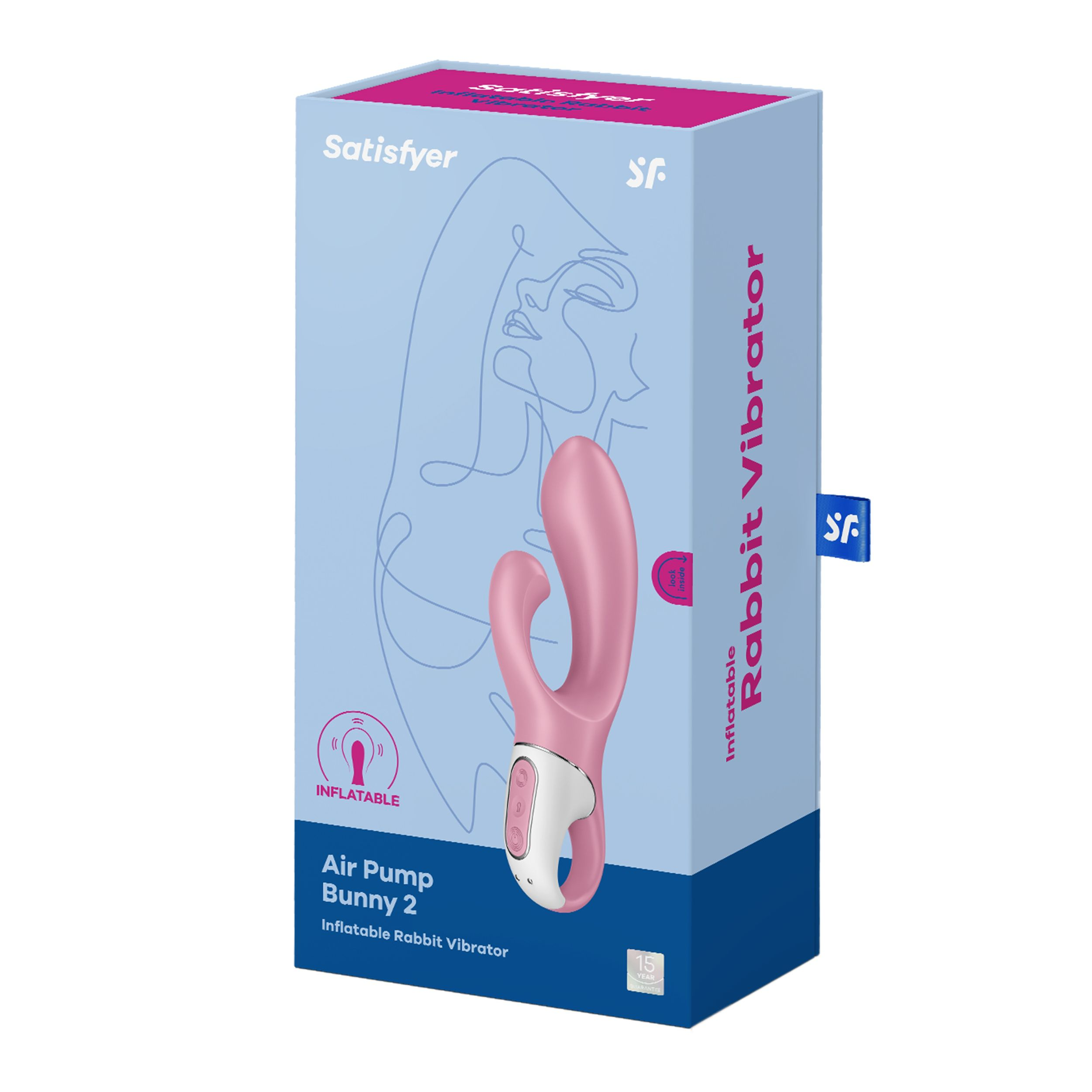 Una caja de un vibrador de conejo rosa con un diseño blanco y rosa.