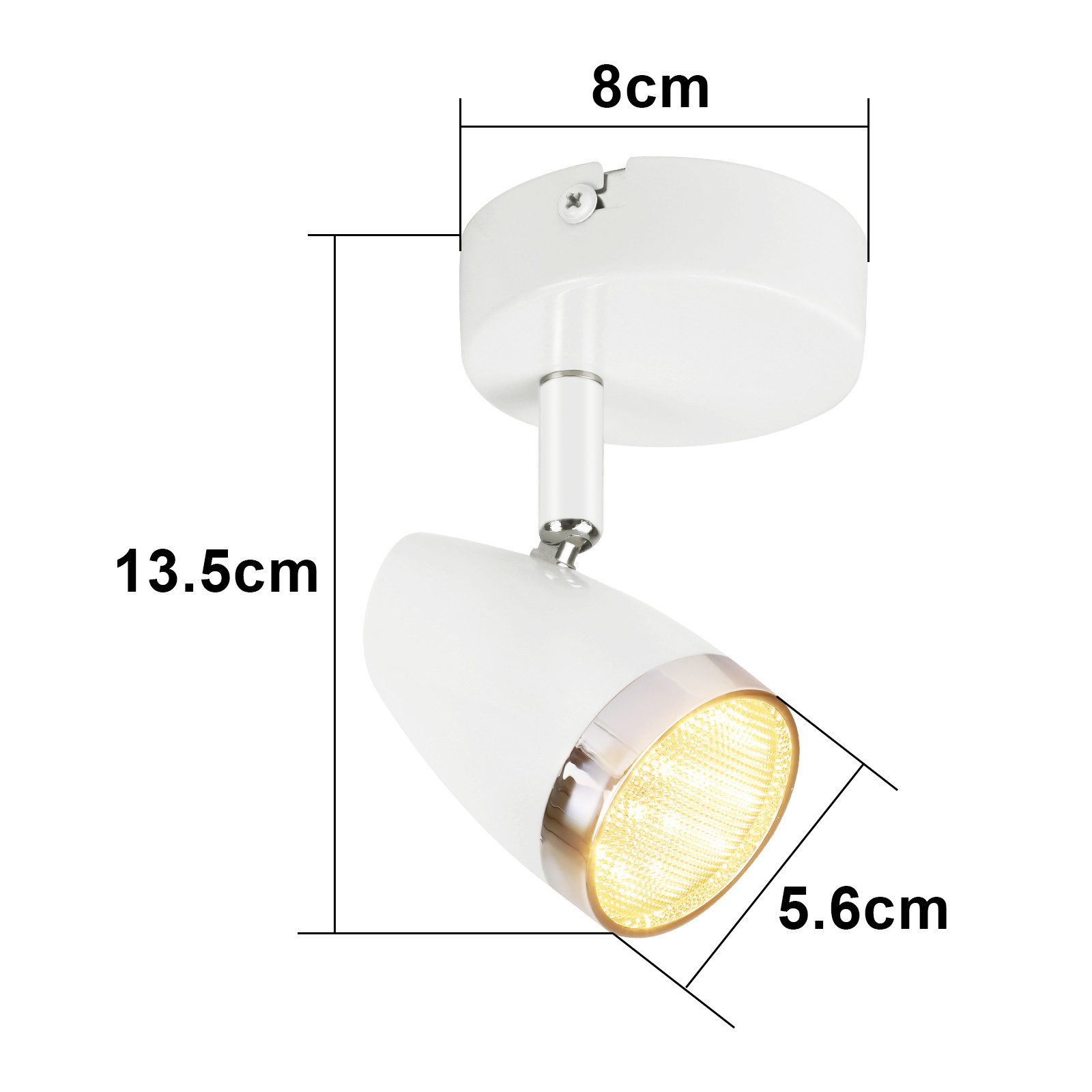 Biały, regulowany reflektor z wymiarami: średnica 8cm, wysokość 13,5cm, soczewka 5,6cm.