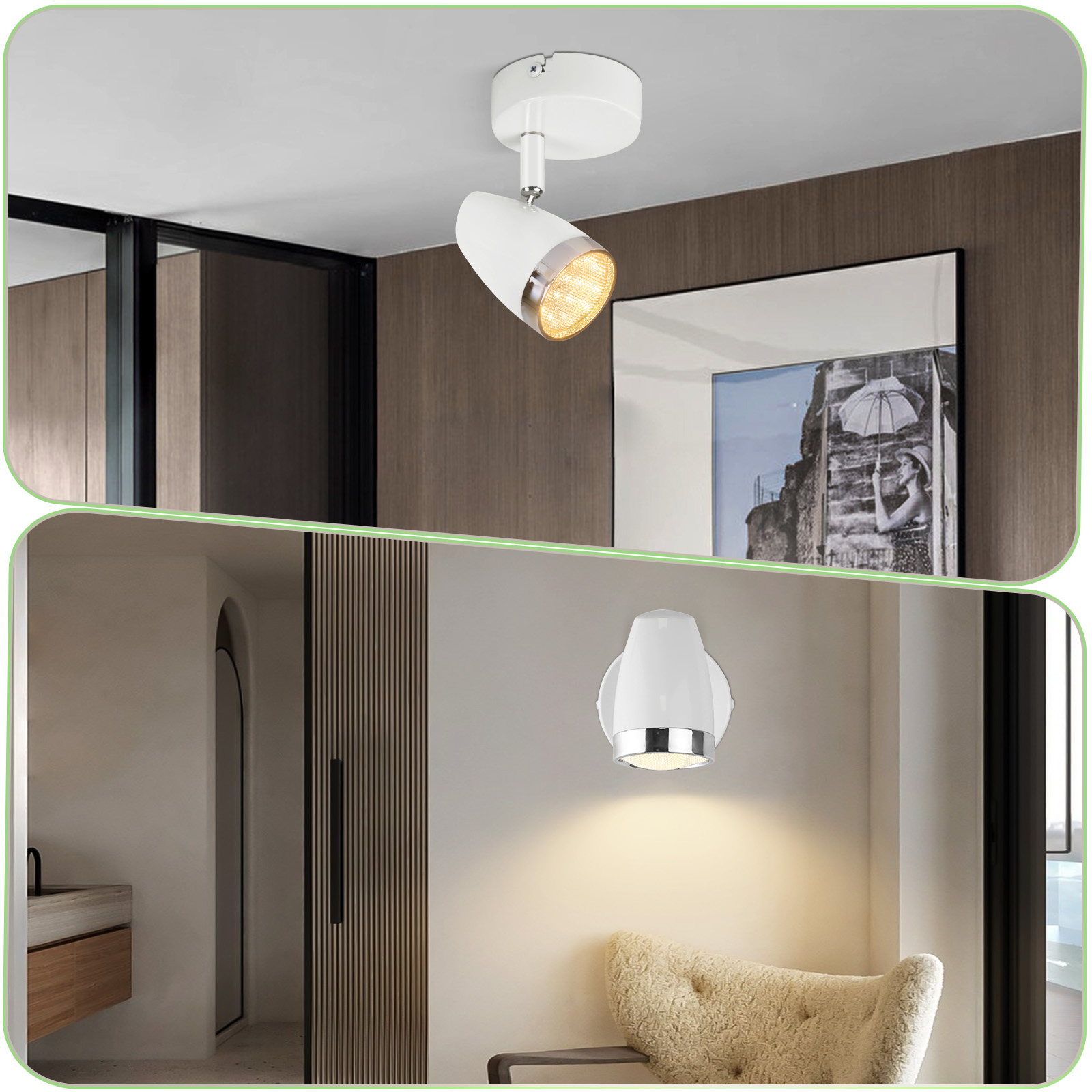 Obraz z dwiema scenami. Góra: Biały reflektor. Dół: Biała lampa ścienna na białej ścianie.