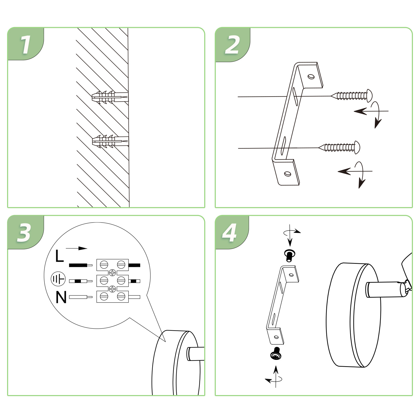 Cztery schematy krok po kroku pokazujące, jak zainstalować coś za pomocą śrub i przewodów.