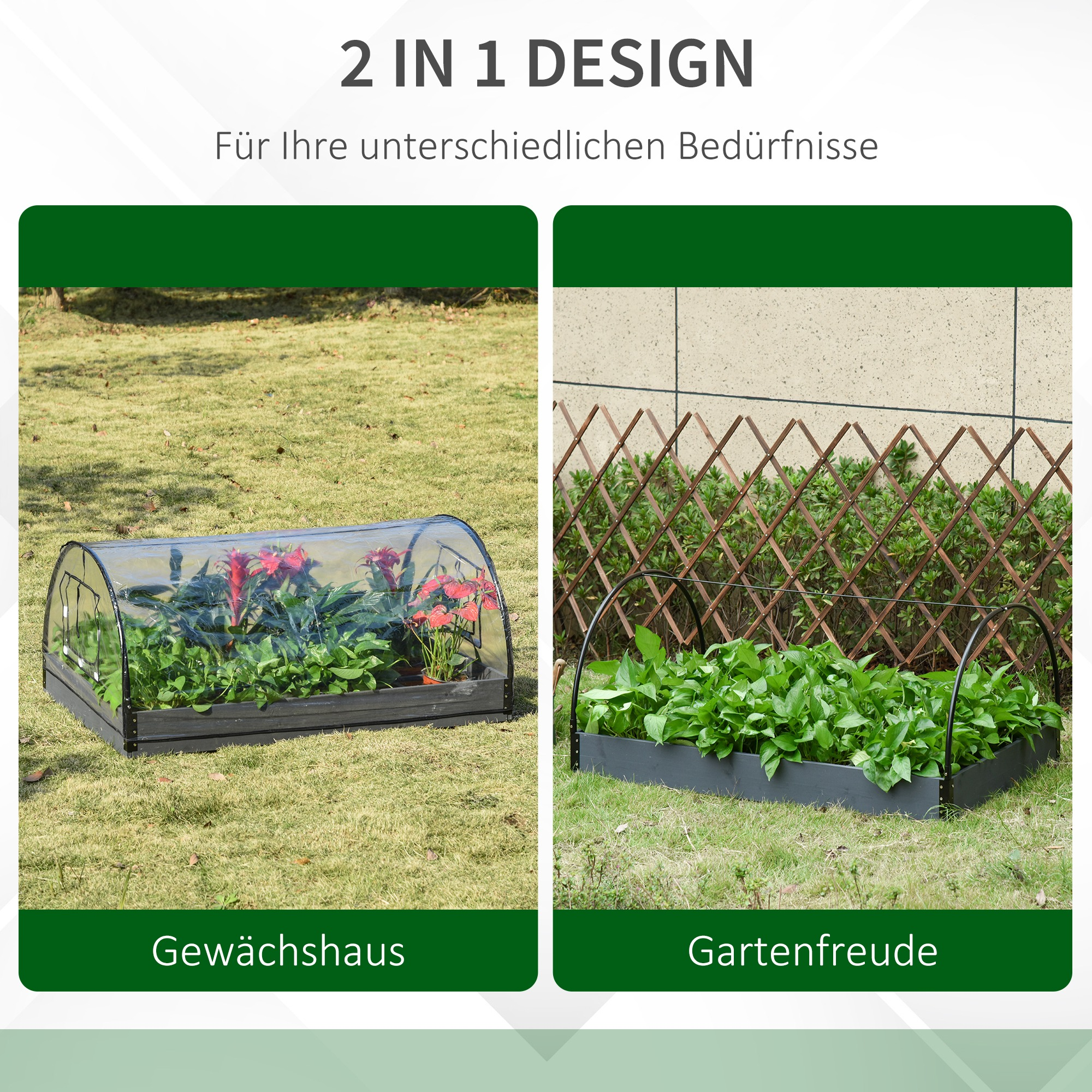 Zwei Gartenbeete, eines mit Gewächshaus und Blumen, das andere mit Pflanzen.