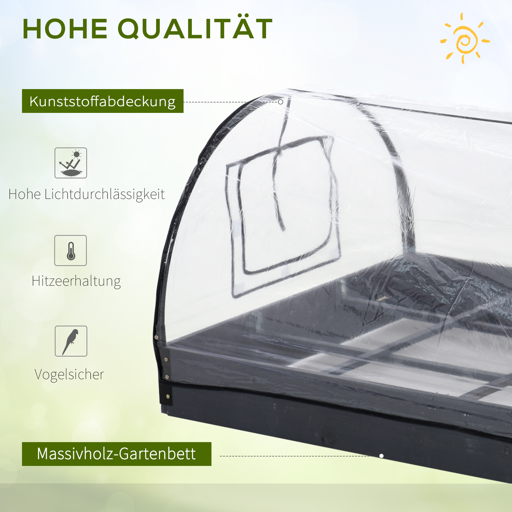 Gewächshaus mit transparentem Dach. Enthält Pflanzen im Inneren. Text: hohe Lichtdurchlässigkeit, Wärmespeicherung.