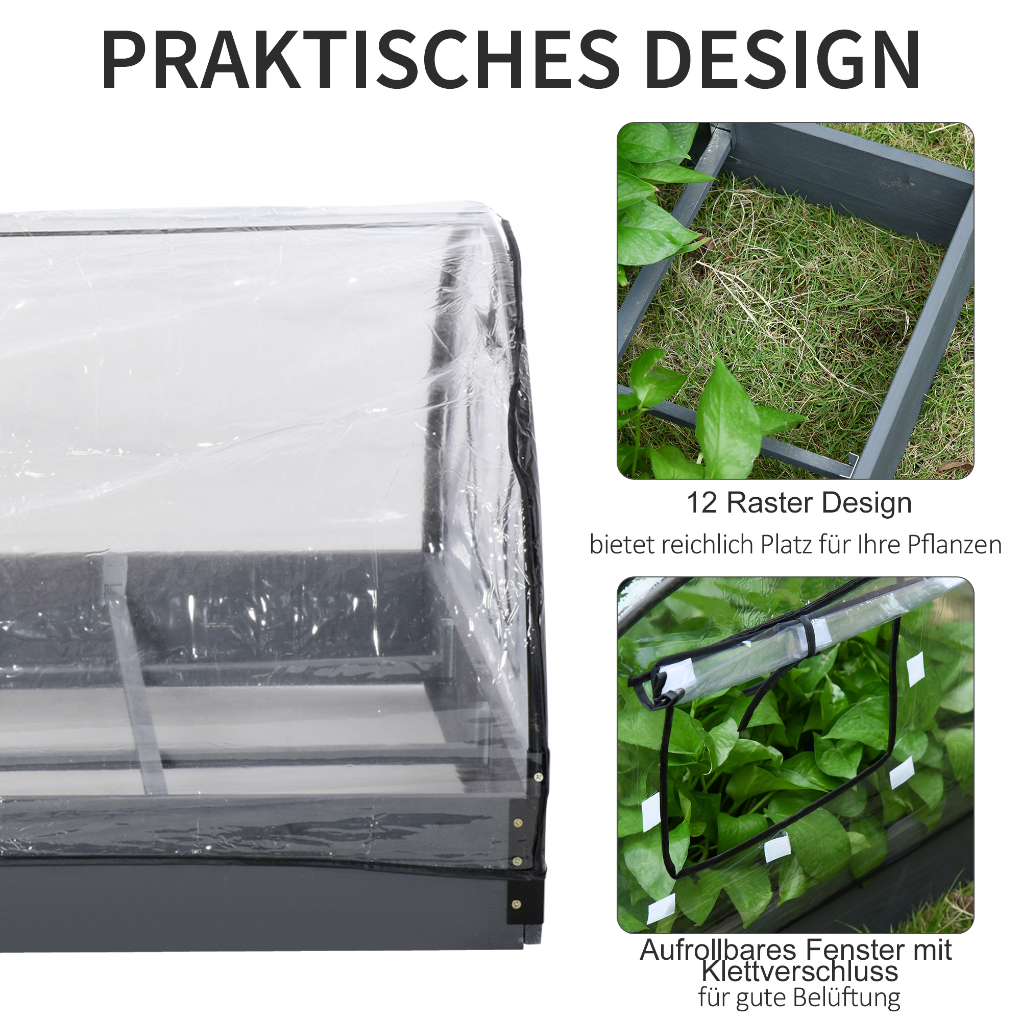 Gewächshausdetail. Merkmale: transparente Kunststoffabdeckung und ein Abschnitt der Pflanzen. Text: Praktisches Design.