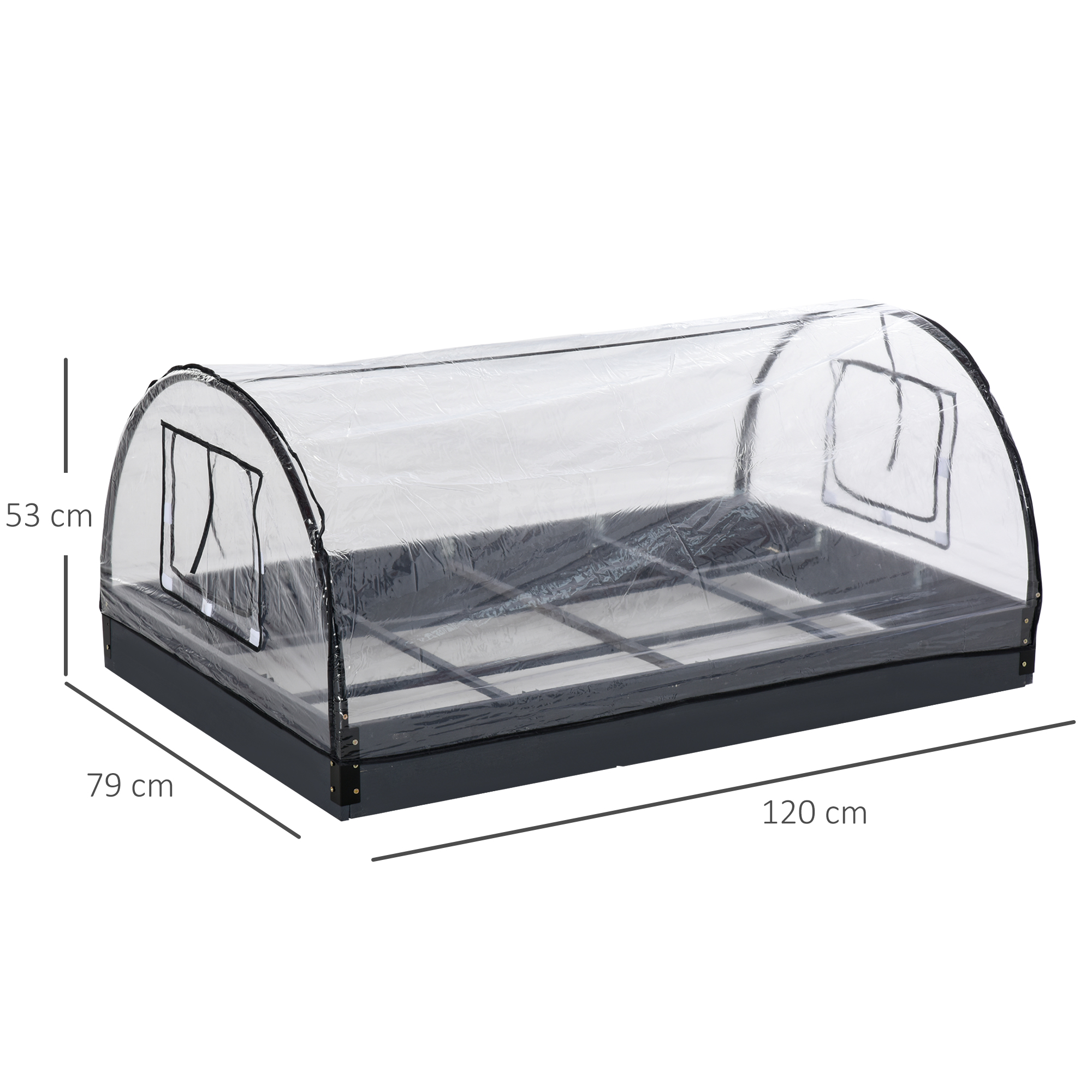 Gewächshausstruktur, transparente Oberseite, Abmessungen: 53cm, 79cm, 120cm.