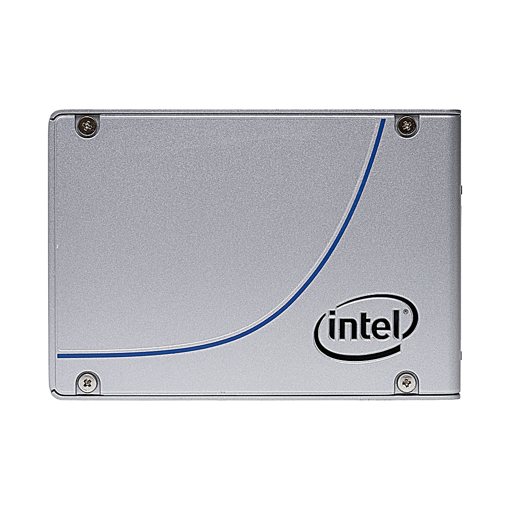SSD Intel argentato. L'unità è rettangolare con angoli arrotondati e un logo Intel.