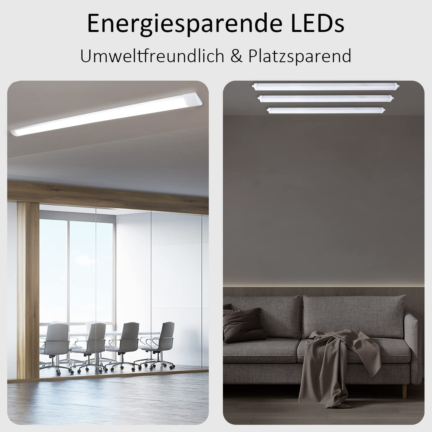 Dos imágenes de luces LED. Una en una oficina, la otra sobre un sofá. Texto: LED de ahorro de energía.