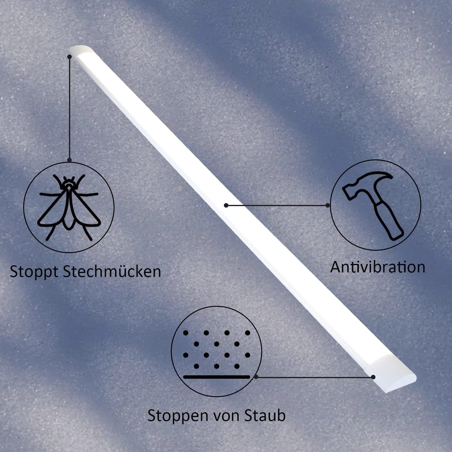 Luz LED blanca con símbolos de mosquito, antivibración y protección contra el polvo.