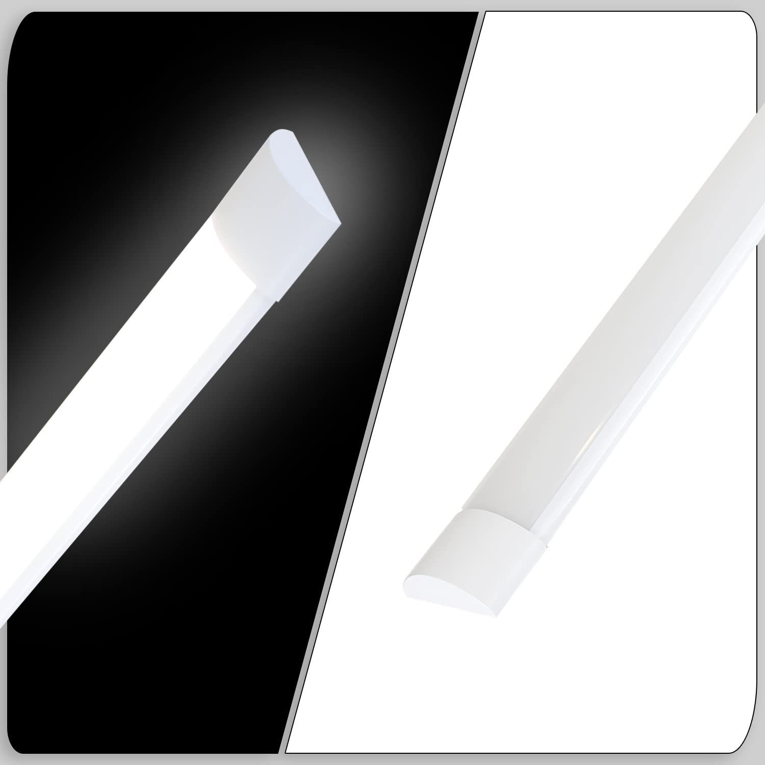 Dos tiras de luces LED blancas sobre fondo blanco y negro.