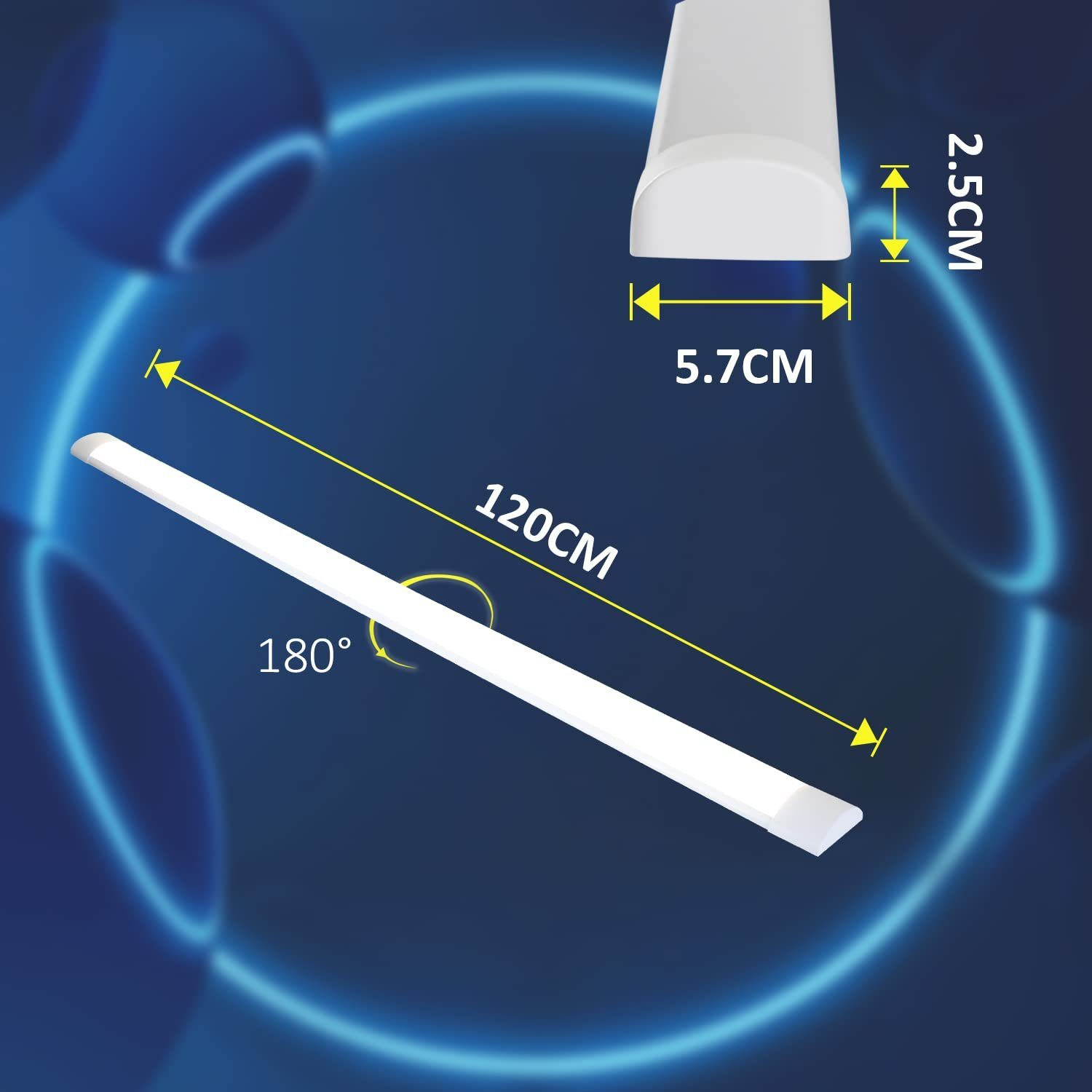 Luz LED blanca que muestra dimensiones: 120 cm de largo, 53 cm de ancho y 2,5 cm de grosor.