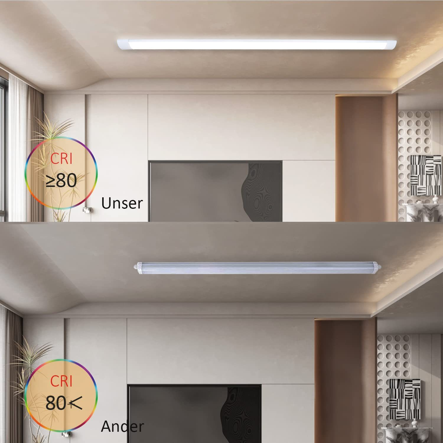 Dos imágenes que muestran luces de techo. La superior tiene CRI ≥ 80, la inferior 80<lt/>, ambas blancas.