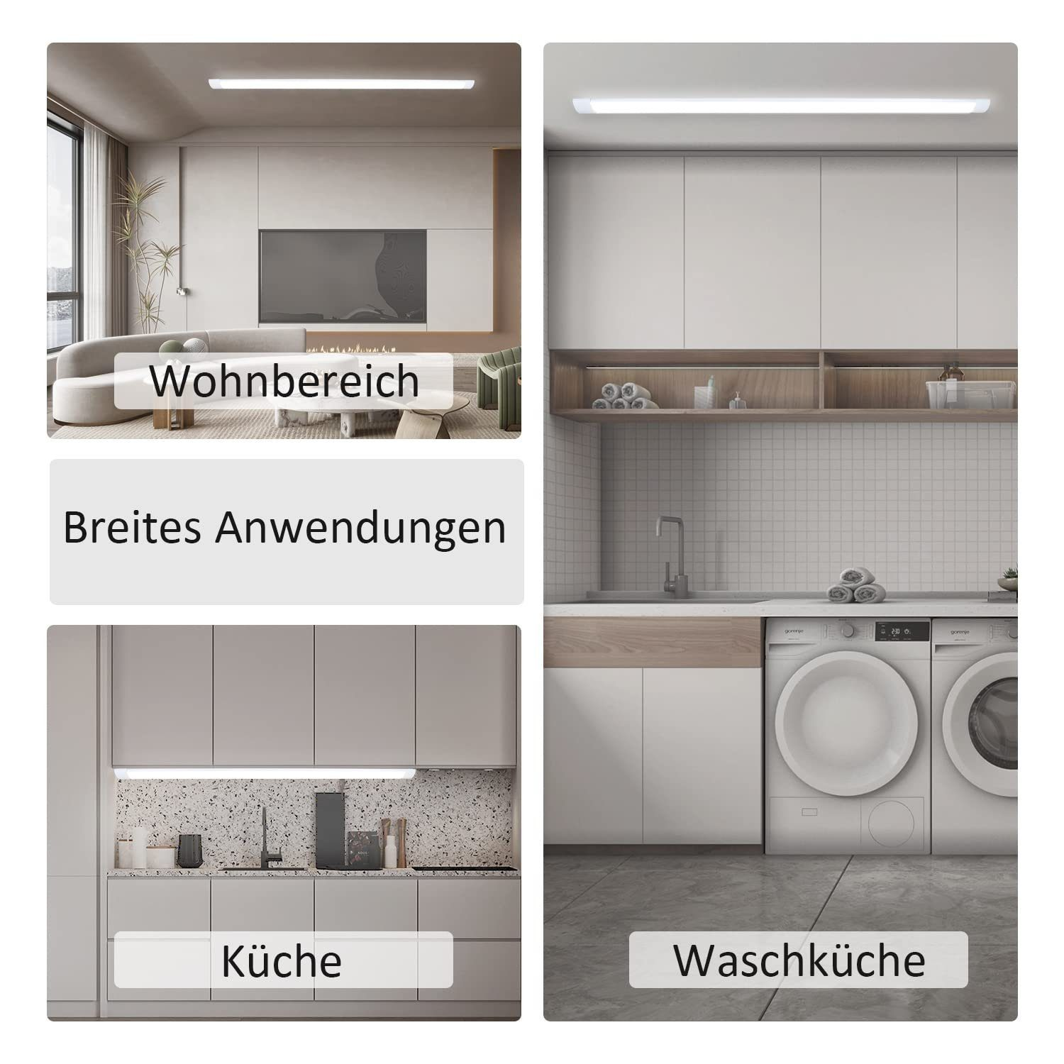 Escenas de habitaciones con luces. Cocina, sala de estar y lavadero con luces.
