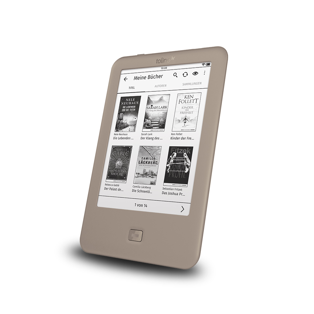 Ein beiger E-Reader zeigt Buchcover an. Es hat einen Bildschirm, Knöpfe und einen Markennamen. Der Hintergrund ist weiß.