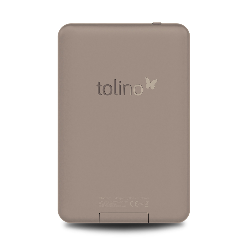 Rückseite eines beigen Tolino E-Readers, mit Logo und Modellinformationen, auf weißem Hintergrund.