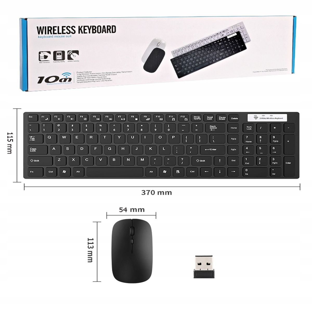 Zestaw klawiatura i mysz. Wymiary są pokazane. Klawiatura jest czarna.