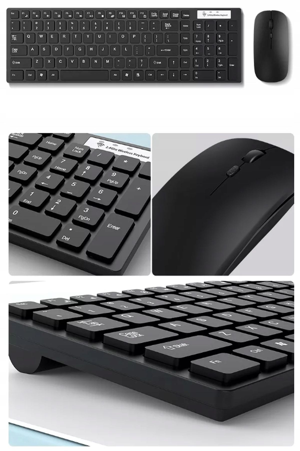 Czarny bezprzewodowy zestaw klawiatura i mysz. Zbliżenia klawiatury i myszy dla szczegółów.