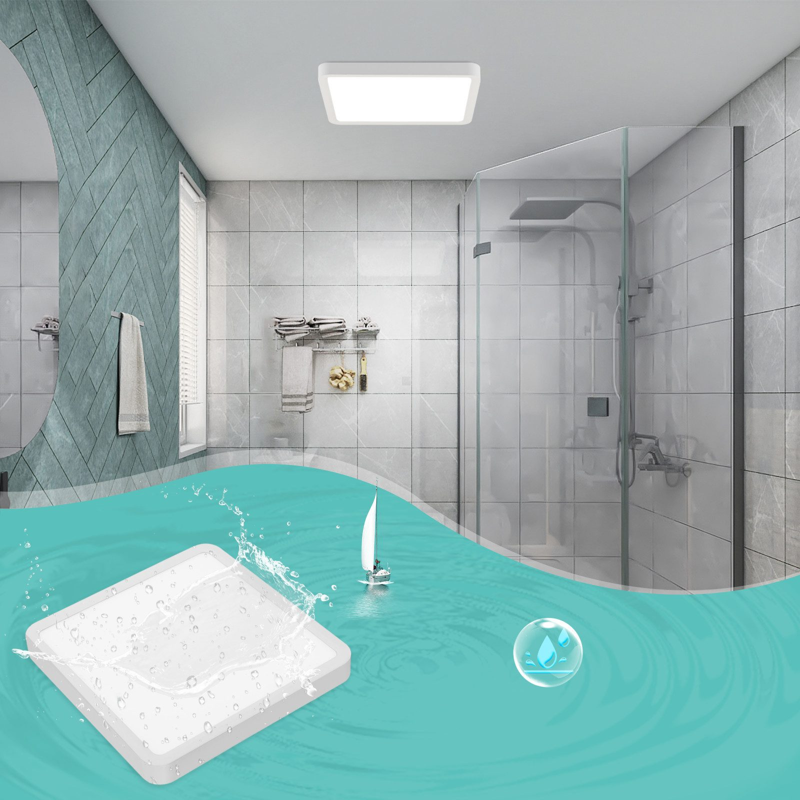 Bagno con plafoniera bianca, doccia in vetro ed effetto acqua con bolle.