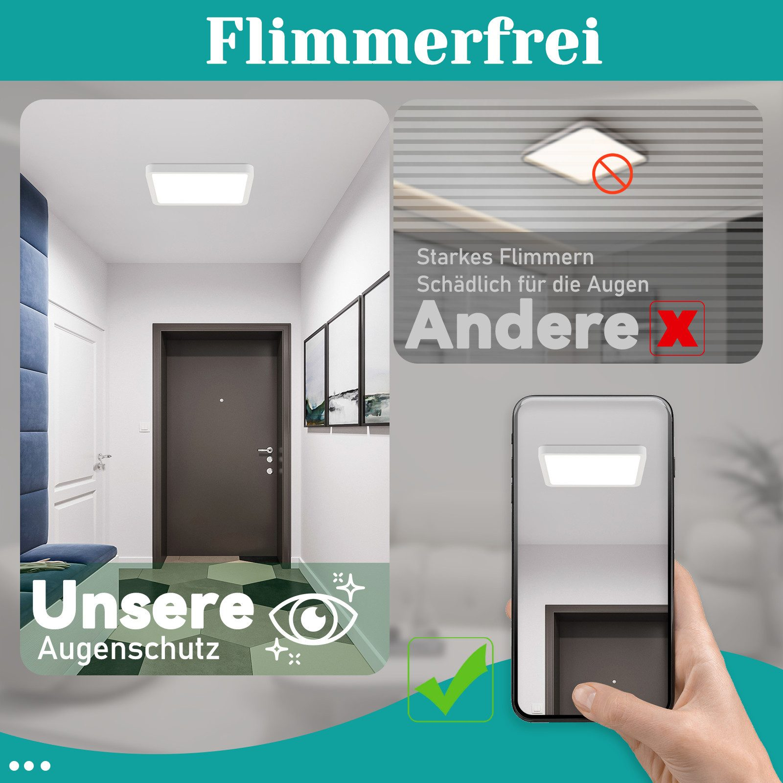 Una stanza con una lampada da soffitto e un telefono che mostra la luce.