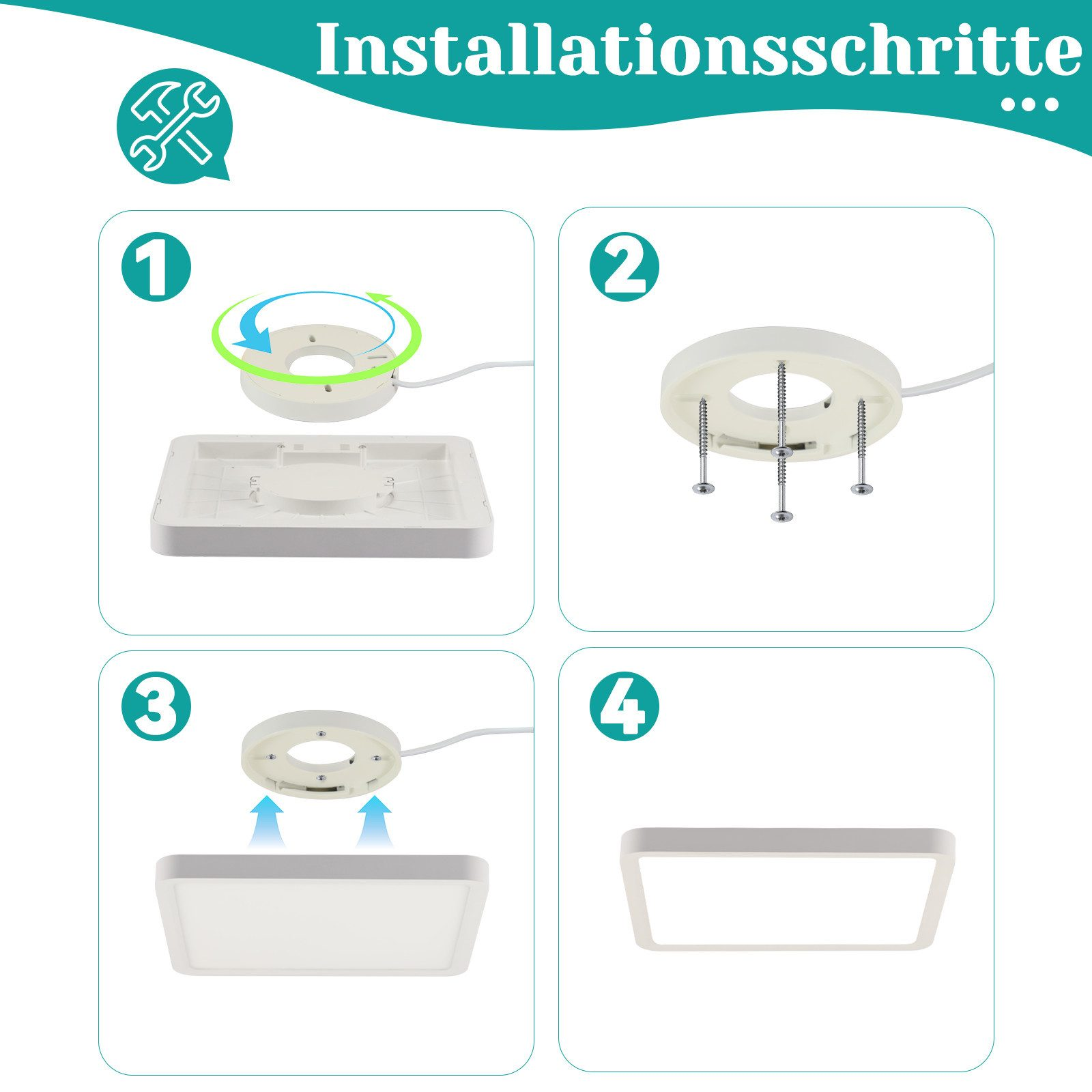 Fasi di installazione: Una base bianca, un anello e un apparecchio quadrato sono mostrati in sequenza.