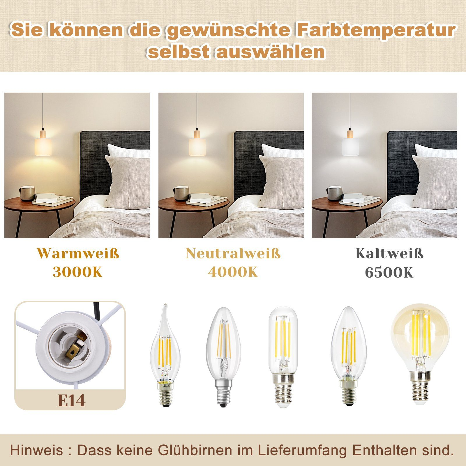 Bilder von Glühbirnen mit deutschem Text, der Farbtemperaturoptionen beschreibt.
