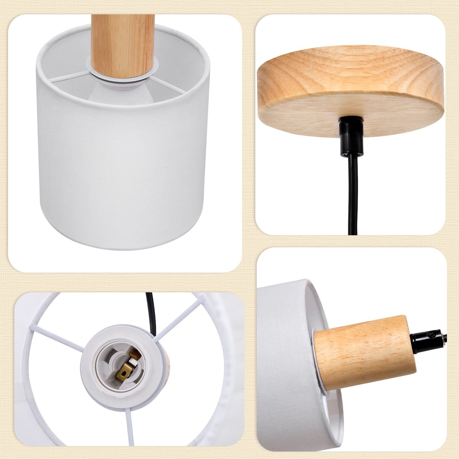 Nahaufnahmen einer Pendelleuchte mit weißem Lampenschirm und Holzdetails.