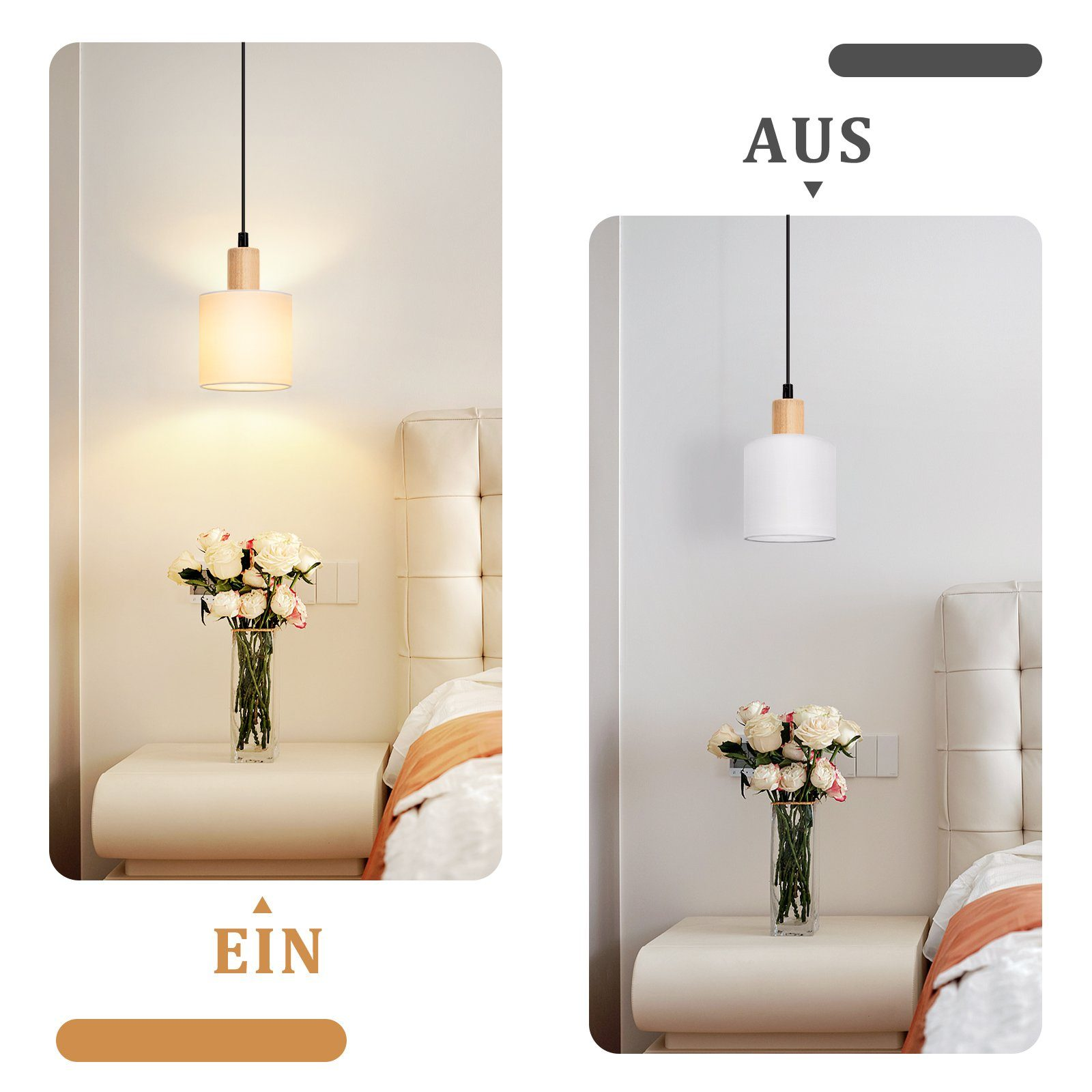 Zwei Bilder einer Pendelleuchte über einem Nachttisch mit Blumen. Das Licht ist an/aus.