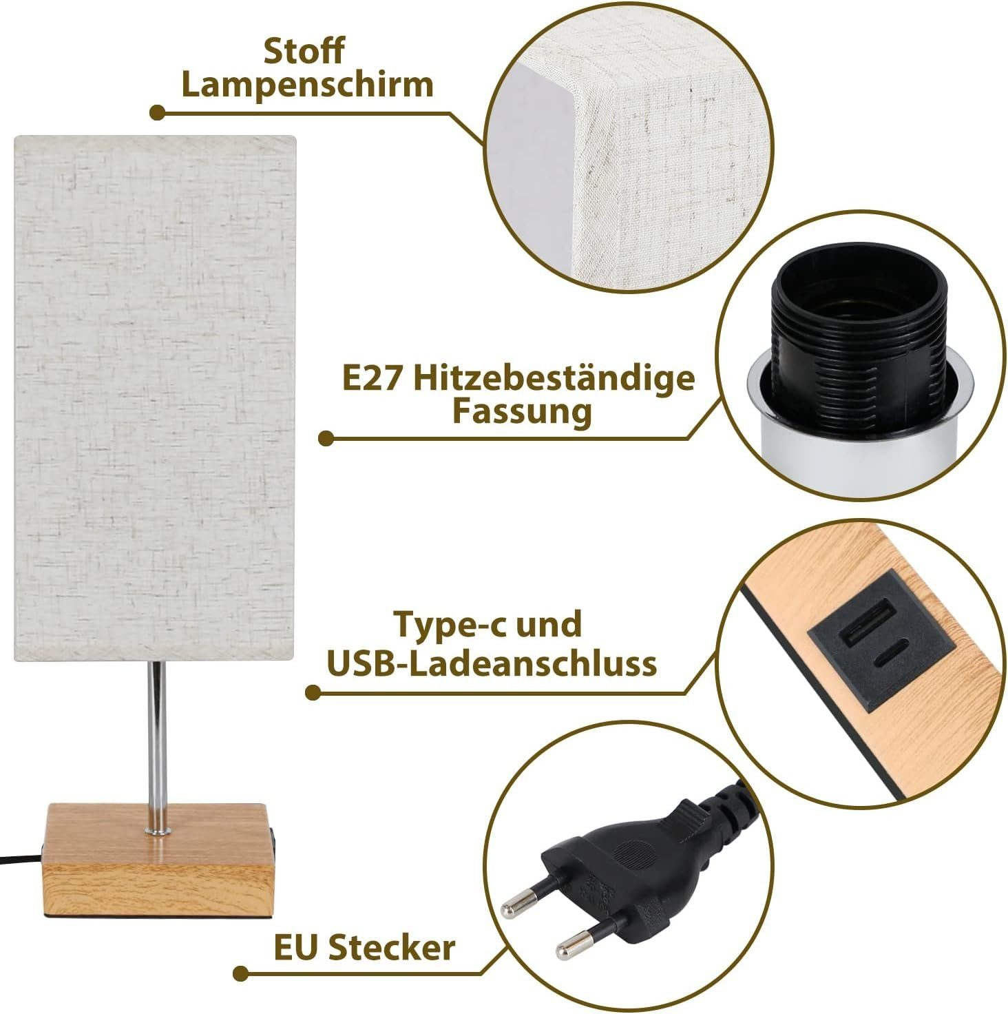 Szczegółowy widok części lampy. Klosz, gniazdo i wtyczka są oznaczone strzałkami. Port USB i wtyczka UE.