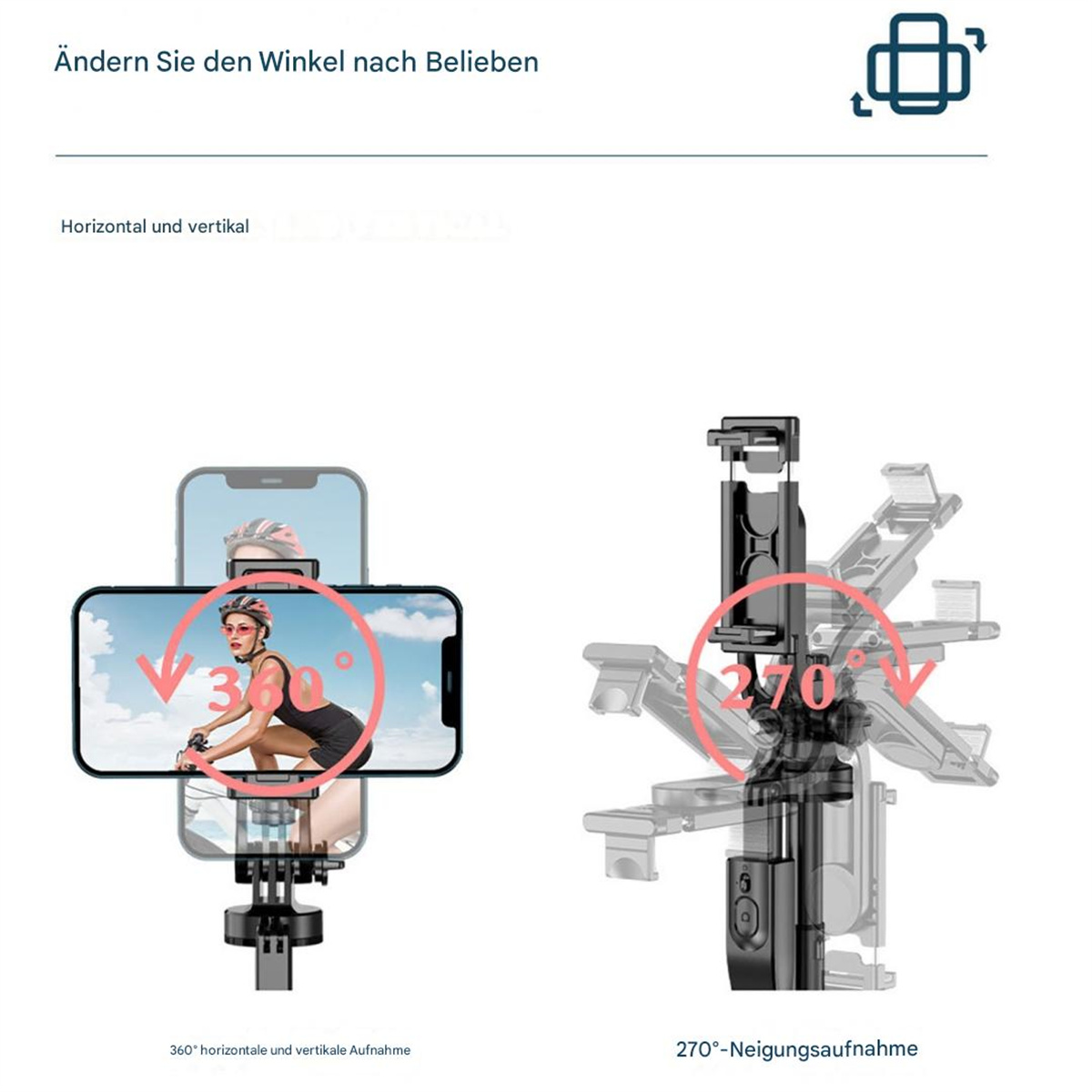 Diagramm, das ein Telefon auf einem Ständer zeigt, das sich horizontal um 360 Grad und vertikal um 270 Grad dreht.