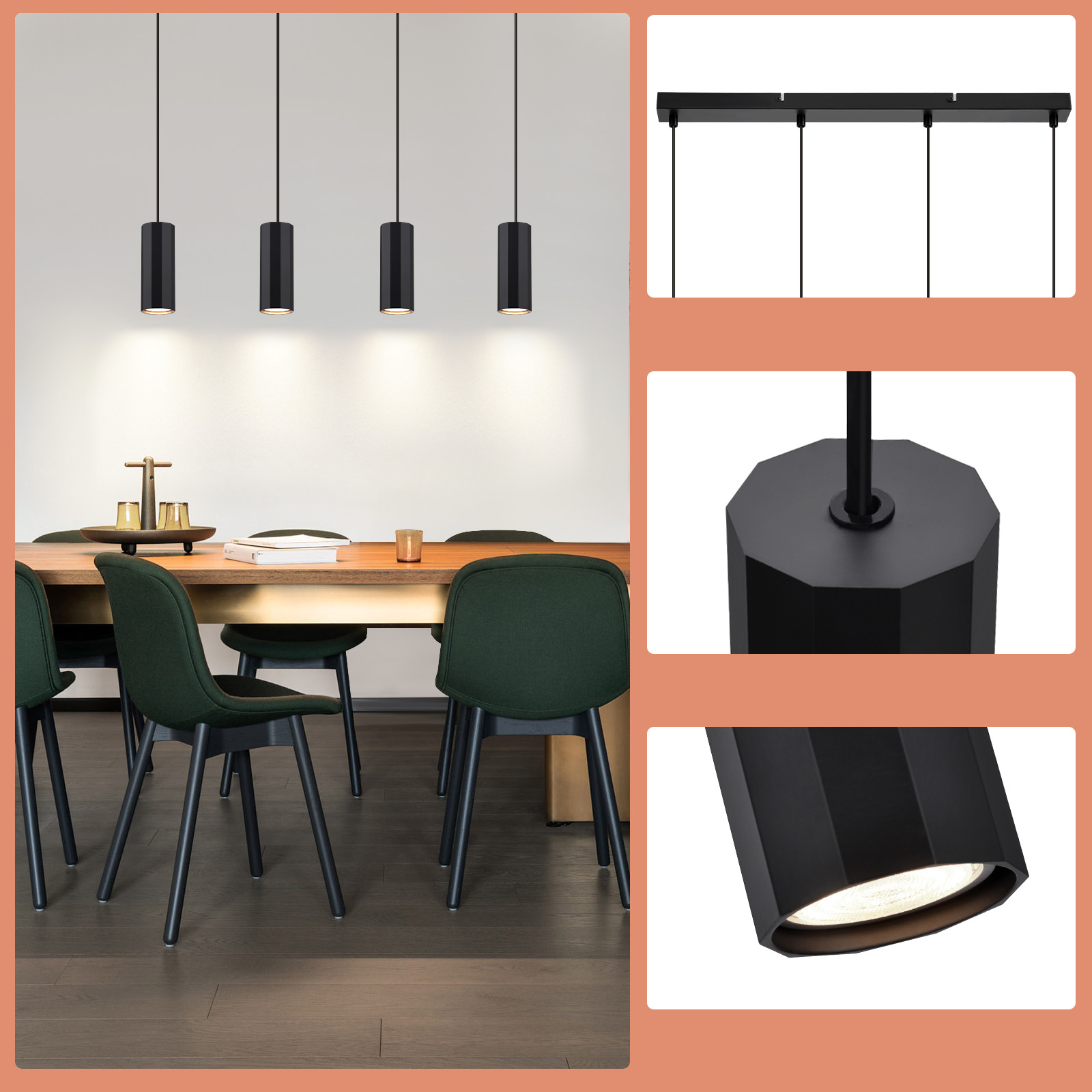Vier Pendelleuchten über einem Holztisch. Seitendetails.