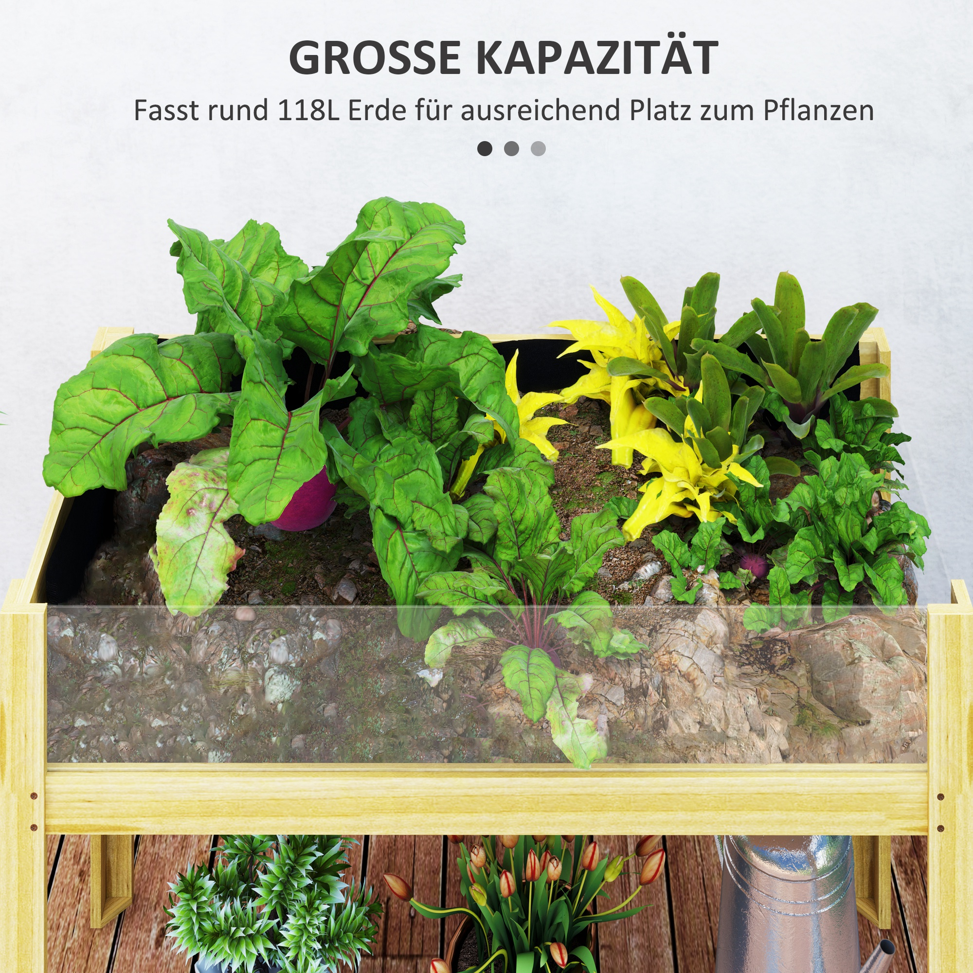 Ein erhöhter Beetkasten mit Pflanzen, Nahaufnahme. Text: Grosse Kapazität.