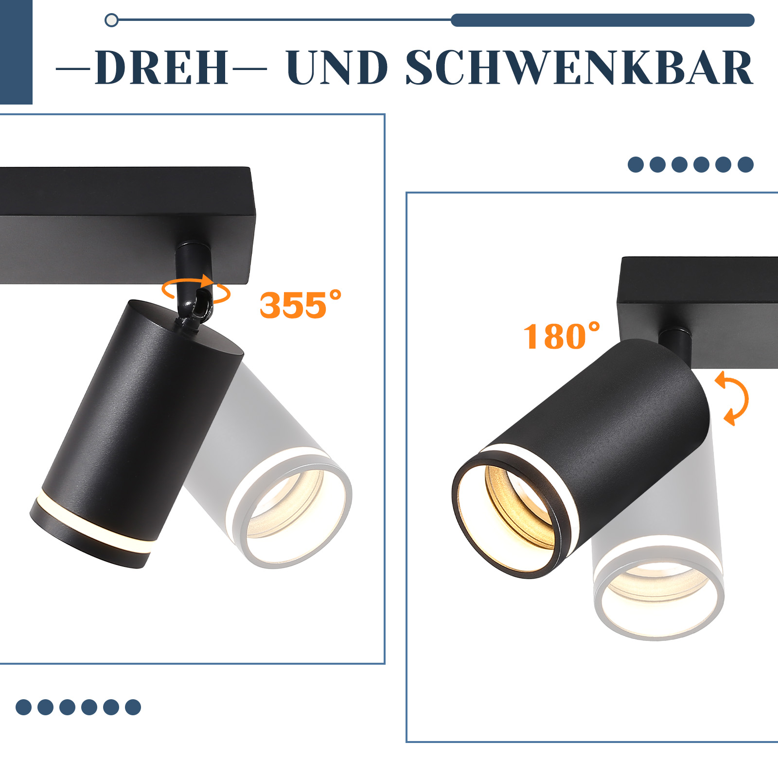 Dwa czarne reflektory z regulowanymi kątami, zamontowane na czarnym drążku. Tekst: Dreh- und schwenkbar.