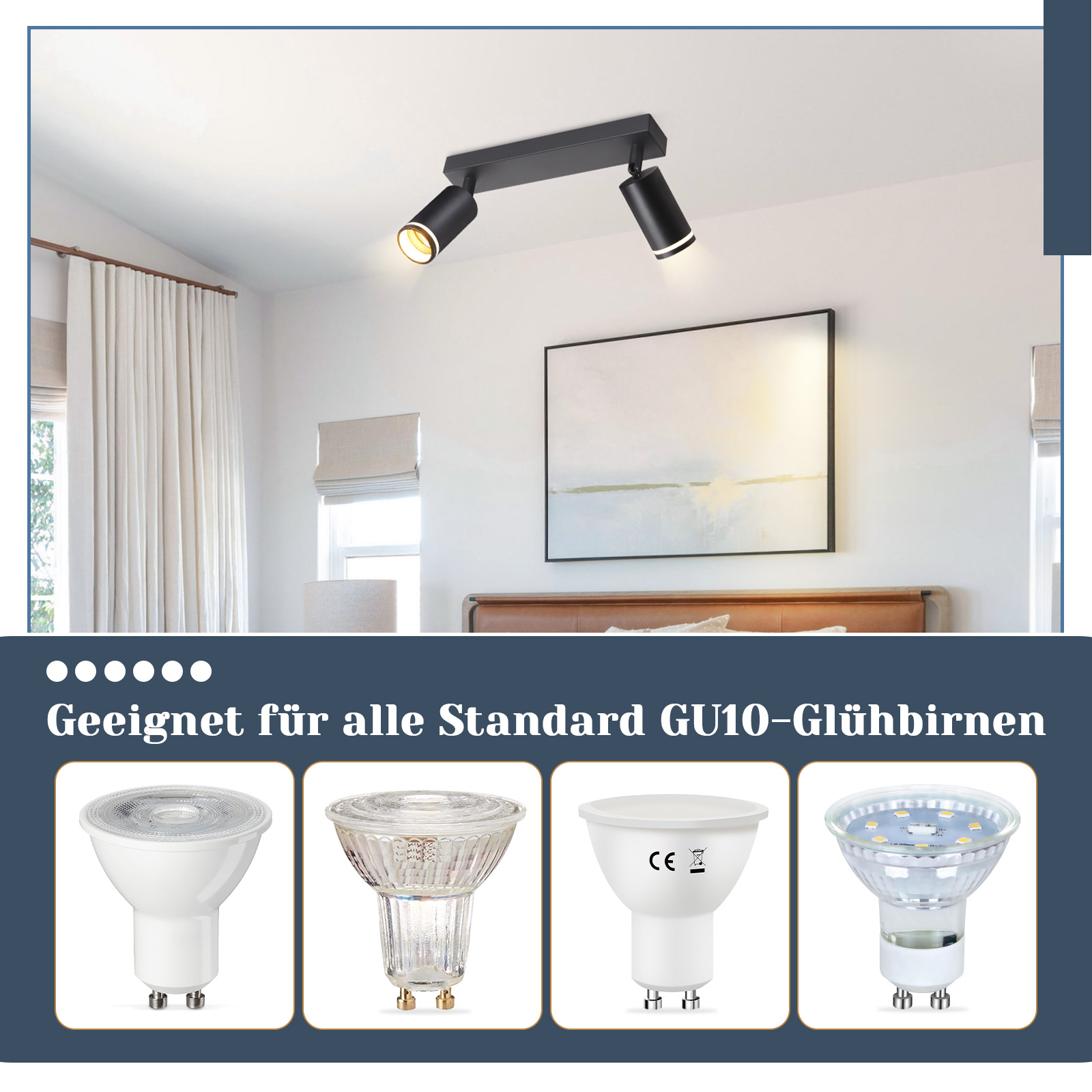 Due faretti montati su una barra nera. Sotto sono mostrati vari tipi di lampadine GU10. Testo: Geeignet für alle Standard.