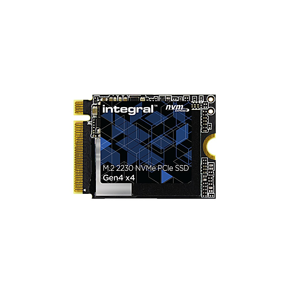Un piccolo disco SSD rettangolare nero e blu con il testo 'integral' e 'M.2 2230 NVMe PCIe SSD'.