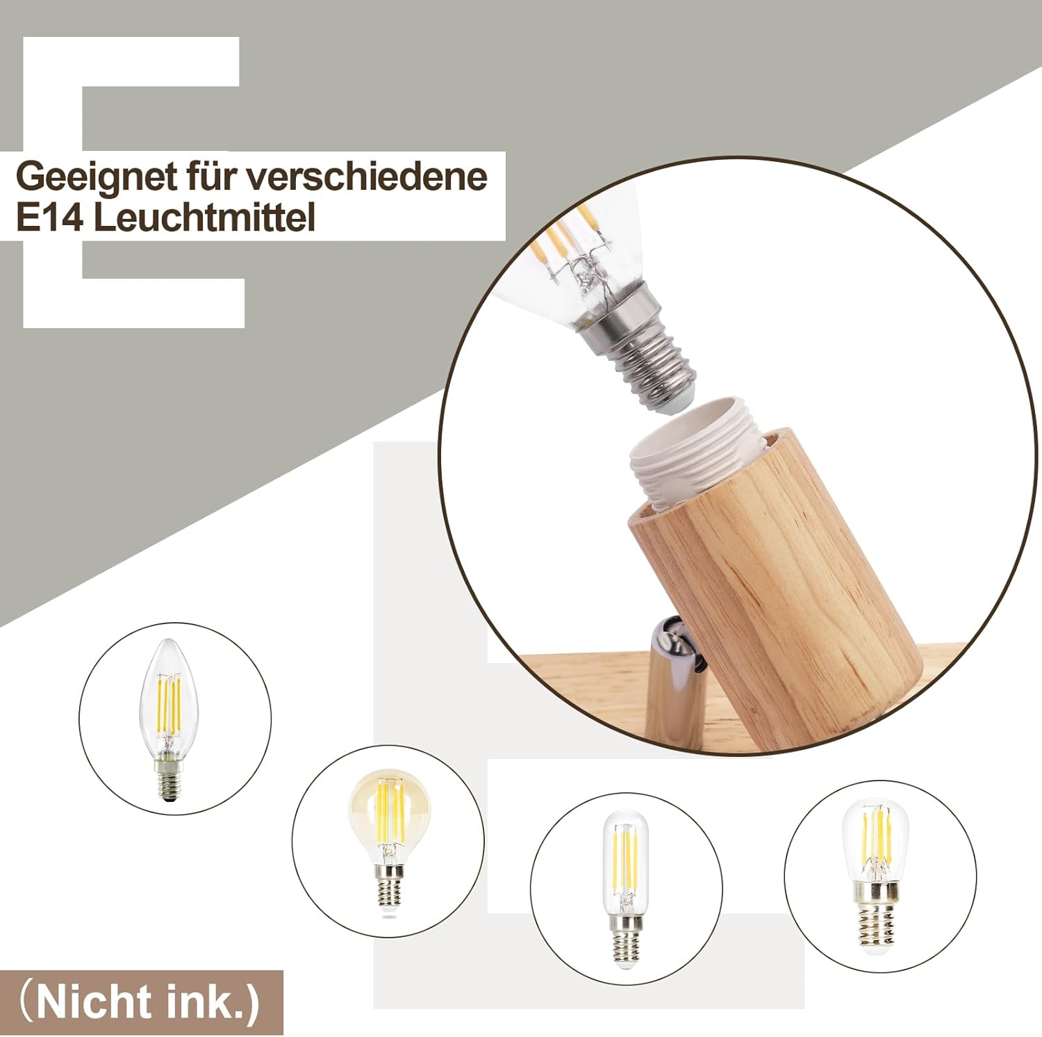 Una lampadina che viene inserita in una lampada, con altri stili di lampadine mostrati sotto.
