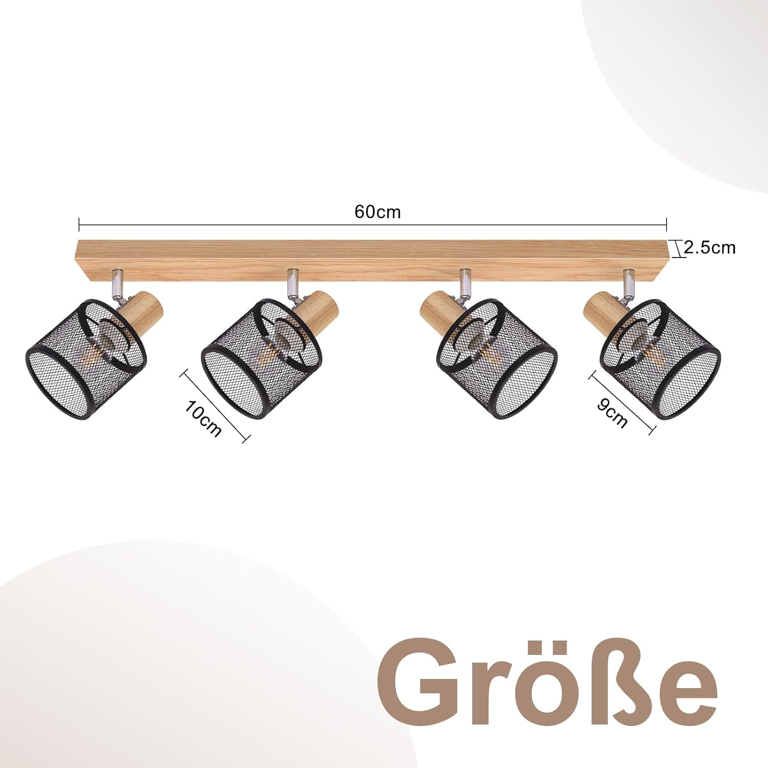 Quattro faretti su una trave di legno, con dimensioni in cm. Testo: Größe.
