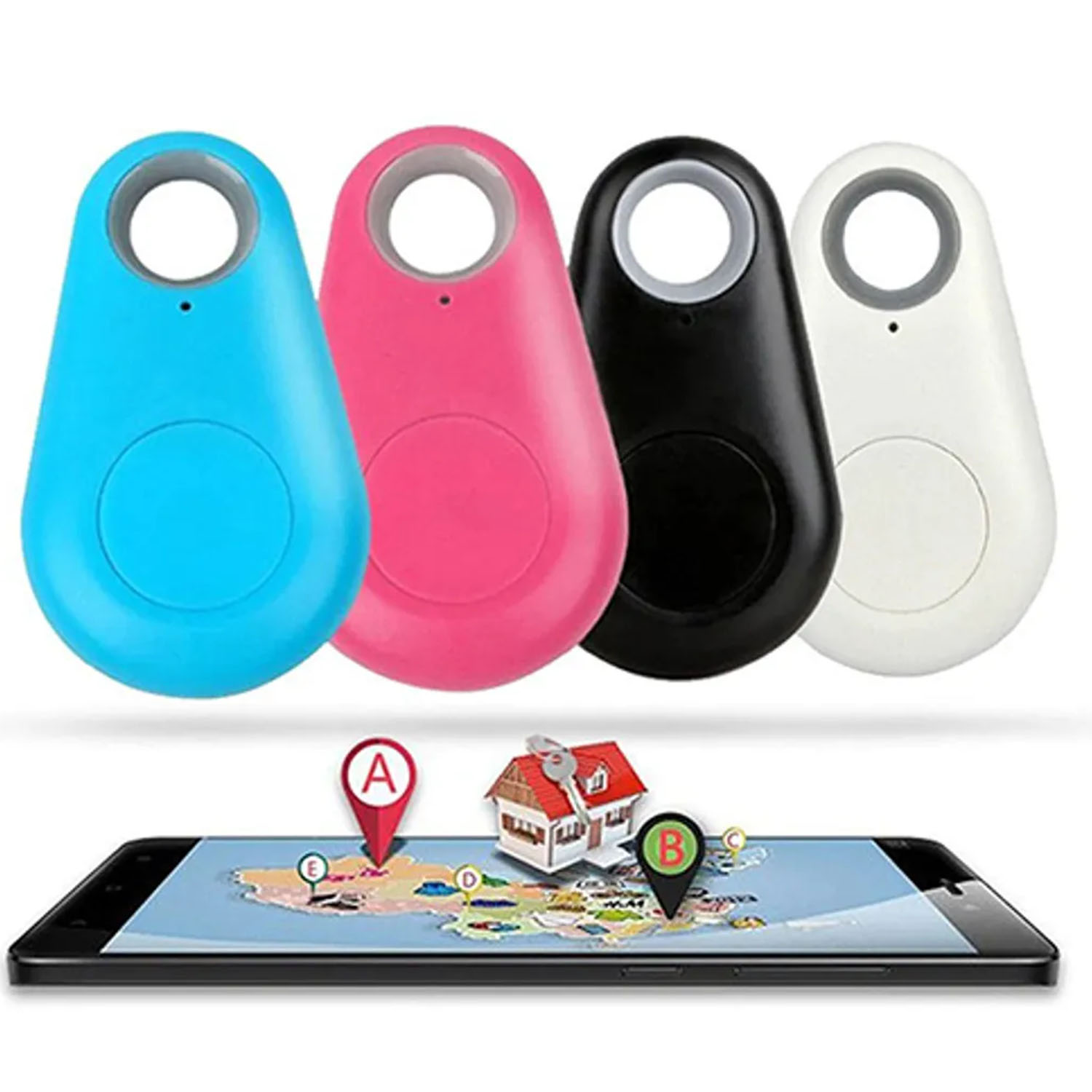 Vier farbige Schlüsselfinder und ein Smartphone mit Karte und Standorten.