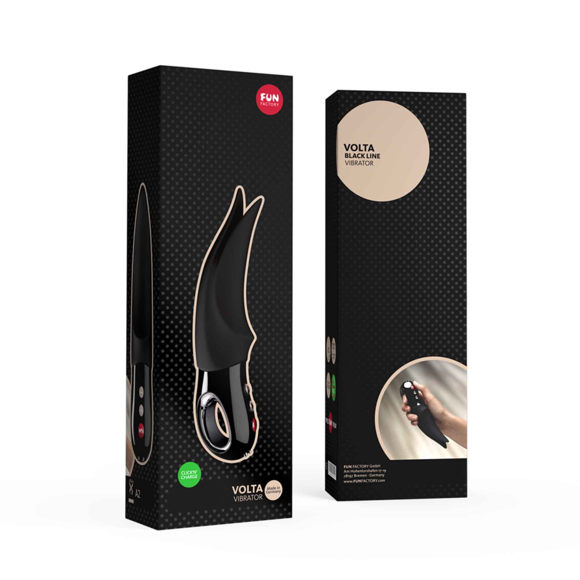 Czarny wibrator w pudełku z tekstem i obrazem pilota. Opakowanie jest czarne.