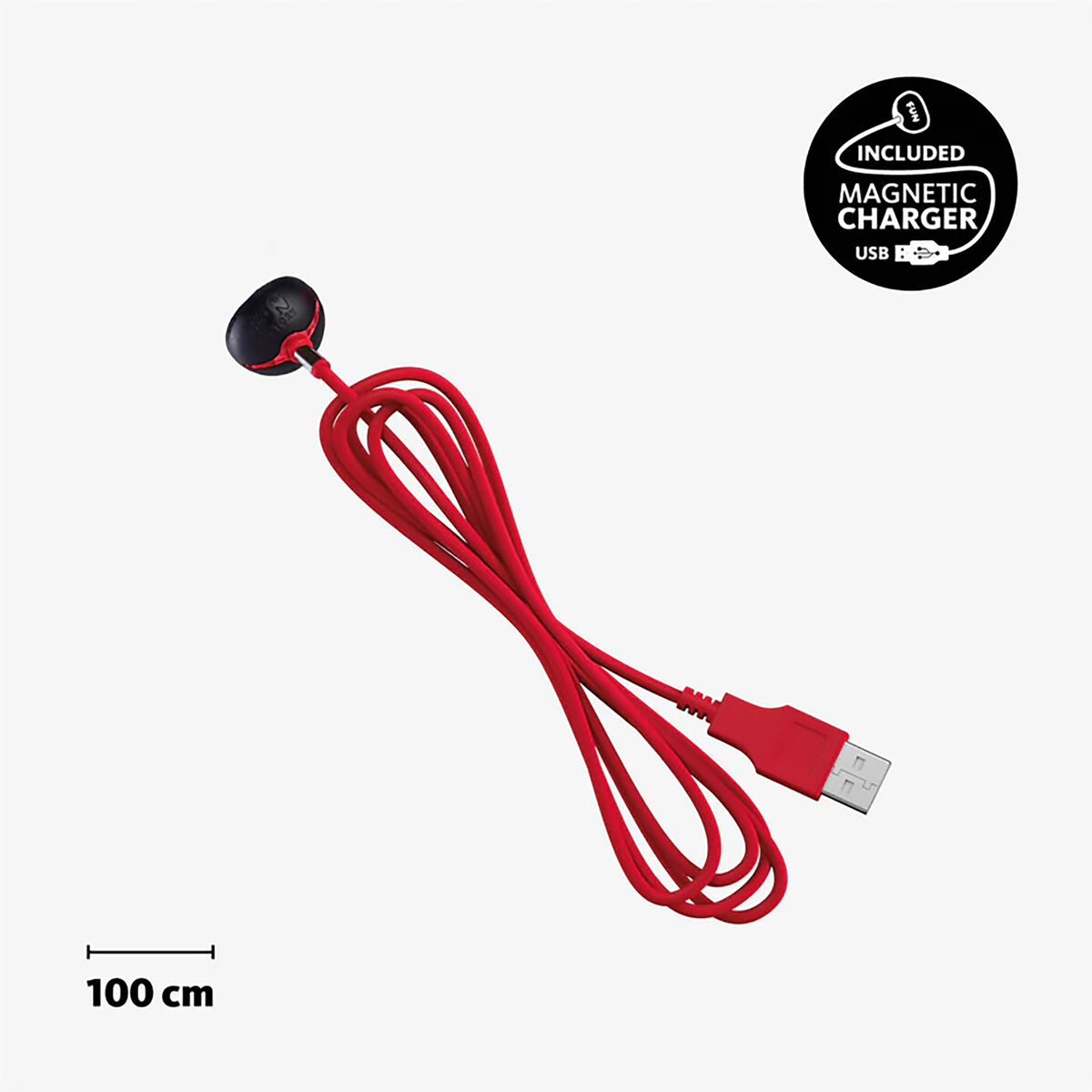 Czerwony kabel ładowarki USB z małą czarną głowicą ładującą i złączem USB.