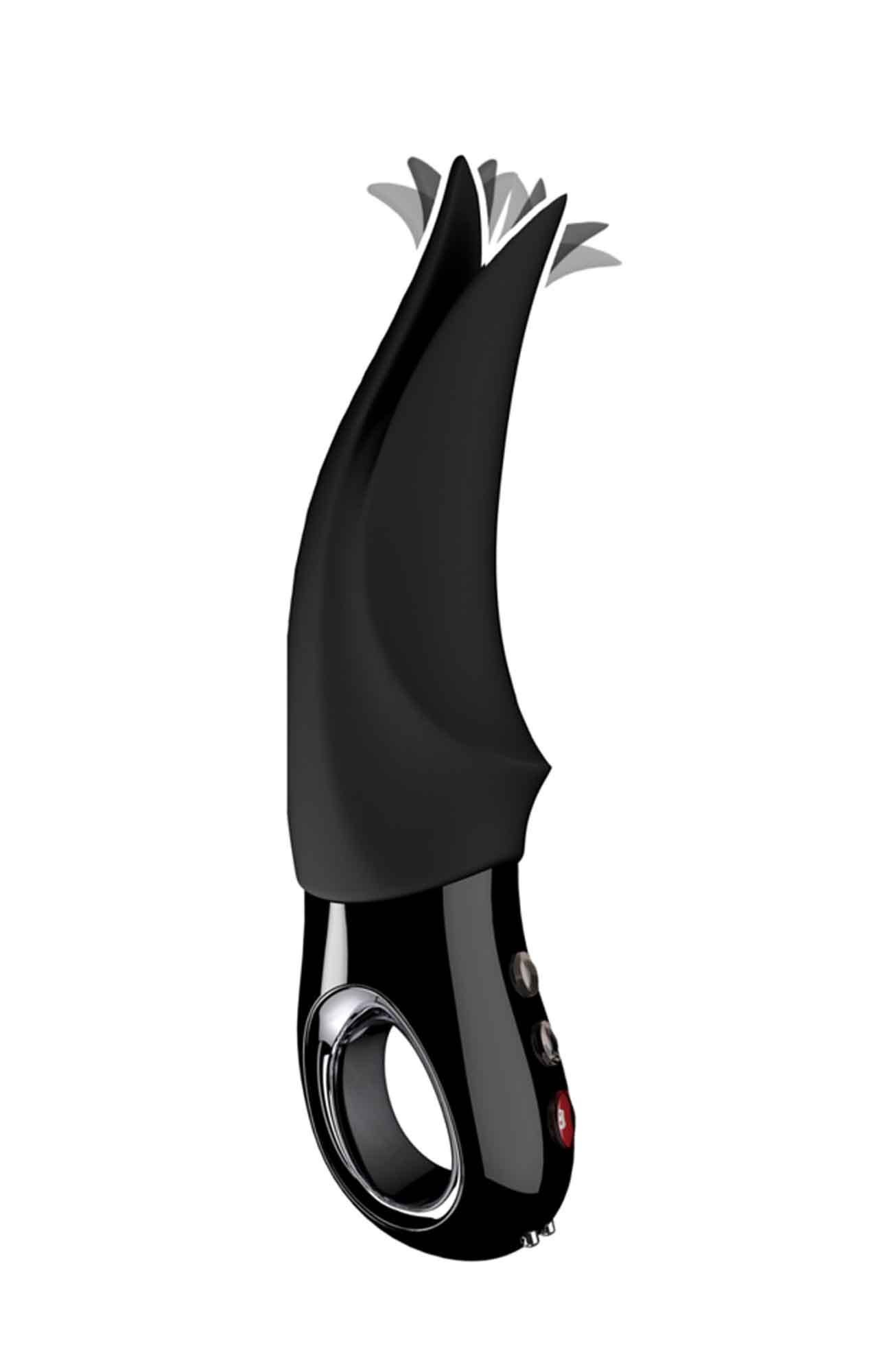 Czarna zabawka erotyczna o zakrzywionym, rozkloszowanym kształcie, przyciskach i uchwycie pierścieniowym.