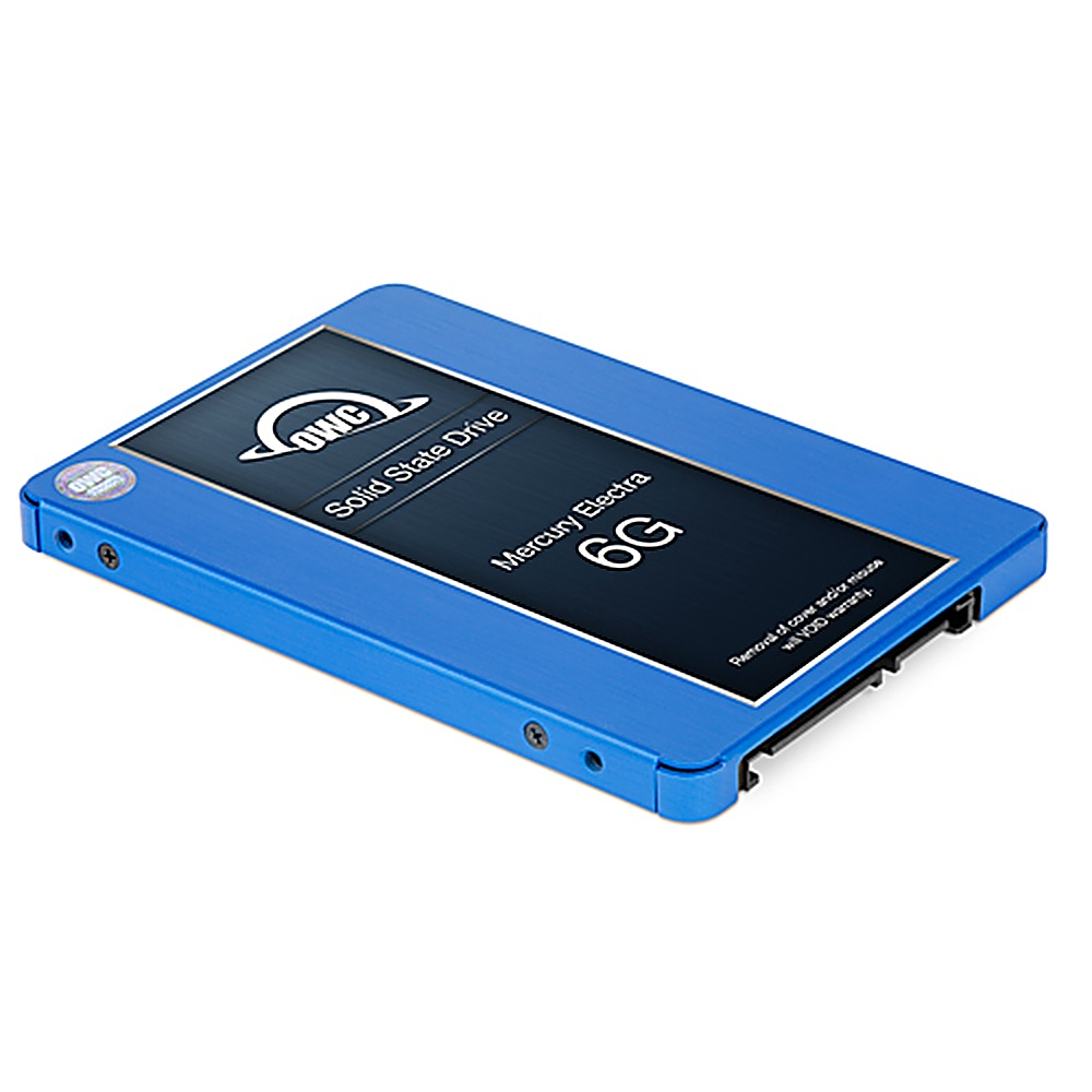 SSD OWC Mercury Electra 6G blu, con marchio, vista angolata, su bianco.
