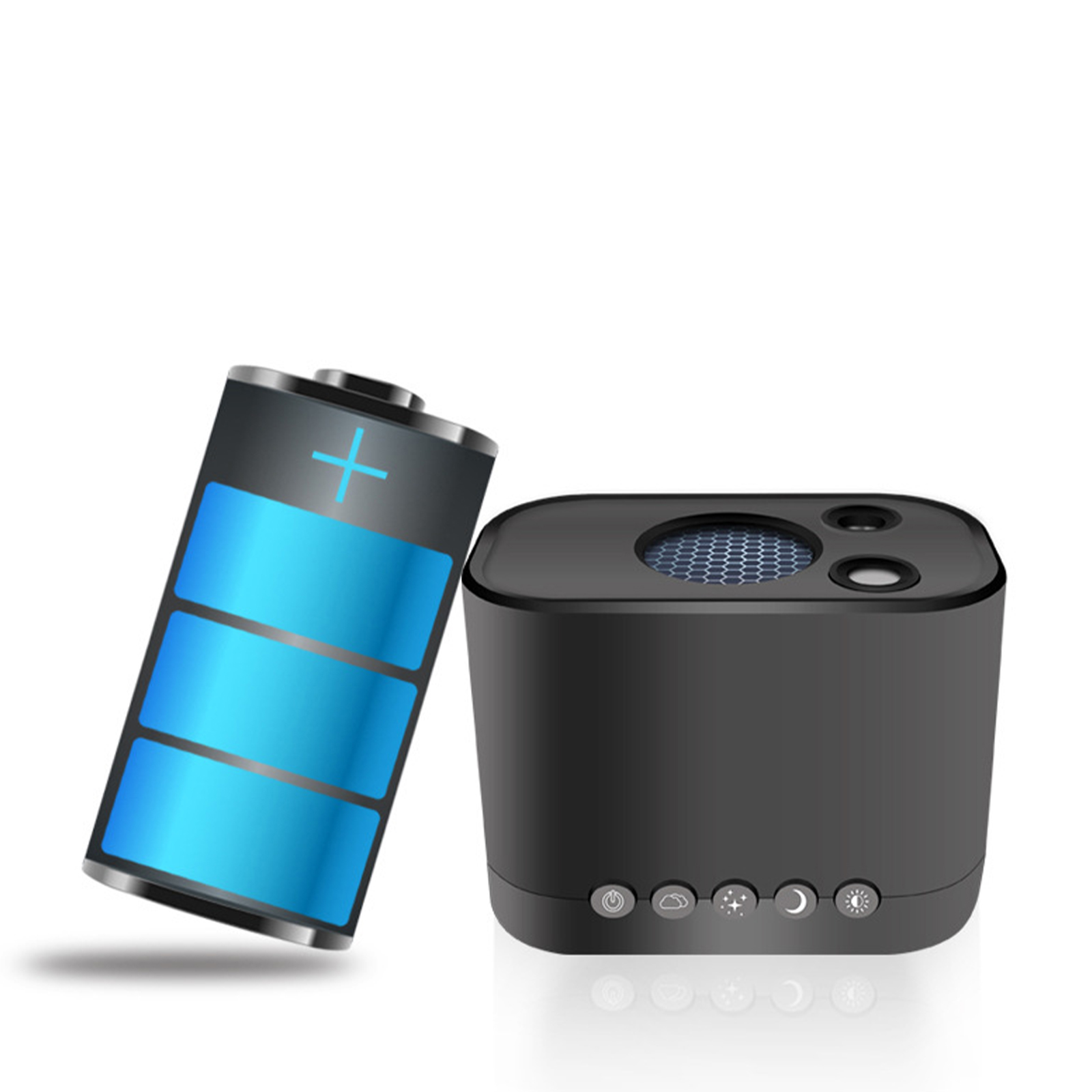 Ein schwarzes Gerät mit Batterie und Knöpfen. Die Batterie ist blau und das Gerät ist schwarz.